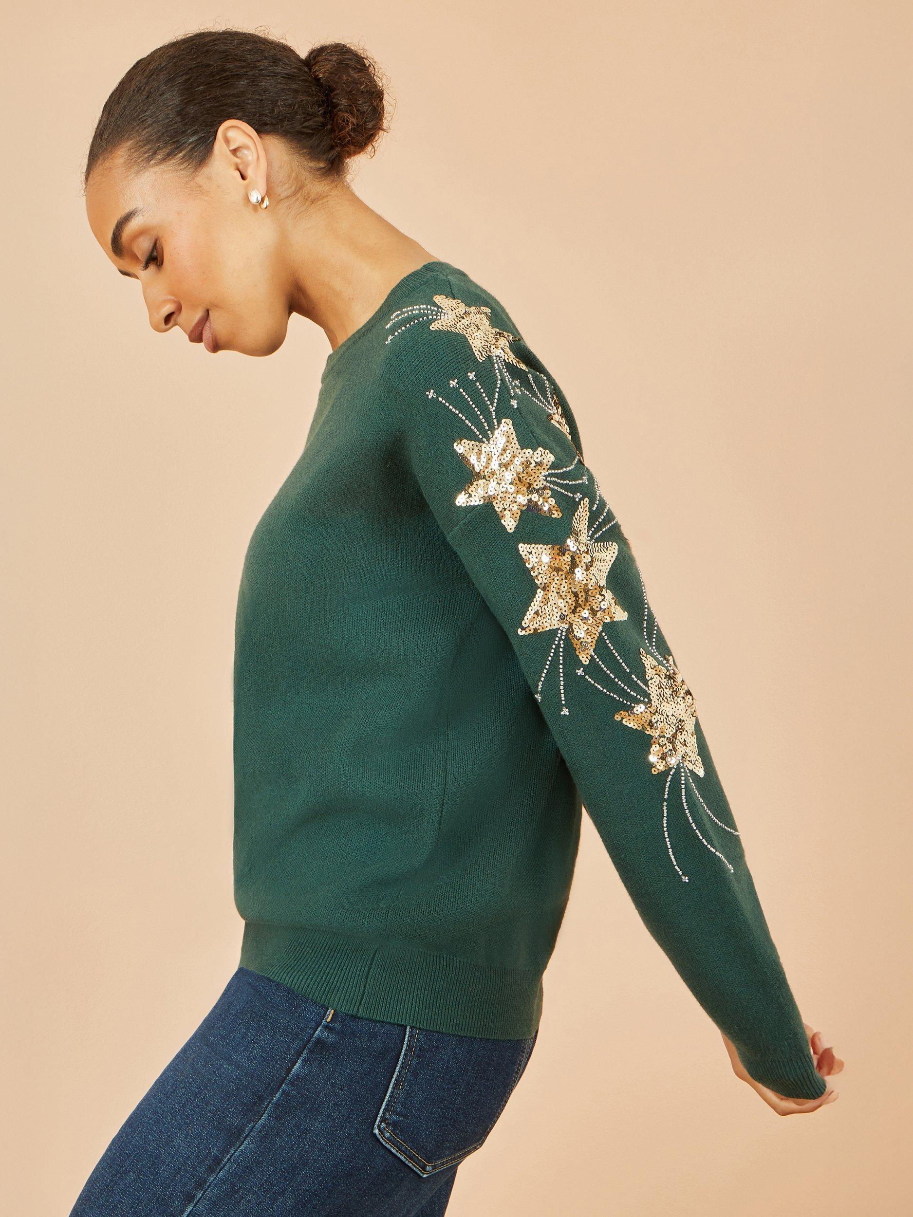 Product image 5 of 5, which shows Yumi Sequin Star Crew Neck Jumper, Green, S