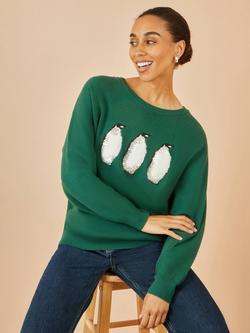 Yumi Christmas Festive Penguin Knitted Crew Neck Jumper, Green
