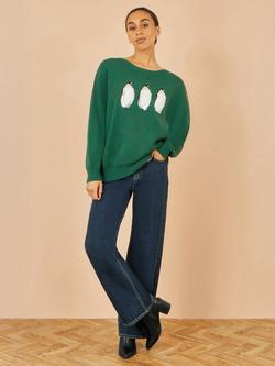 Yumi Christmas Festive Penguin Knitted Crew Neck Jumper - view 2, Green