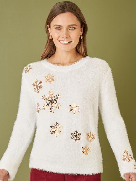 Yumi Sequin Snowflake Fluffy Crew Neck Jumper, Ivory