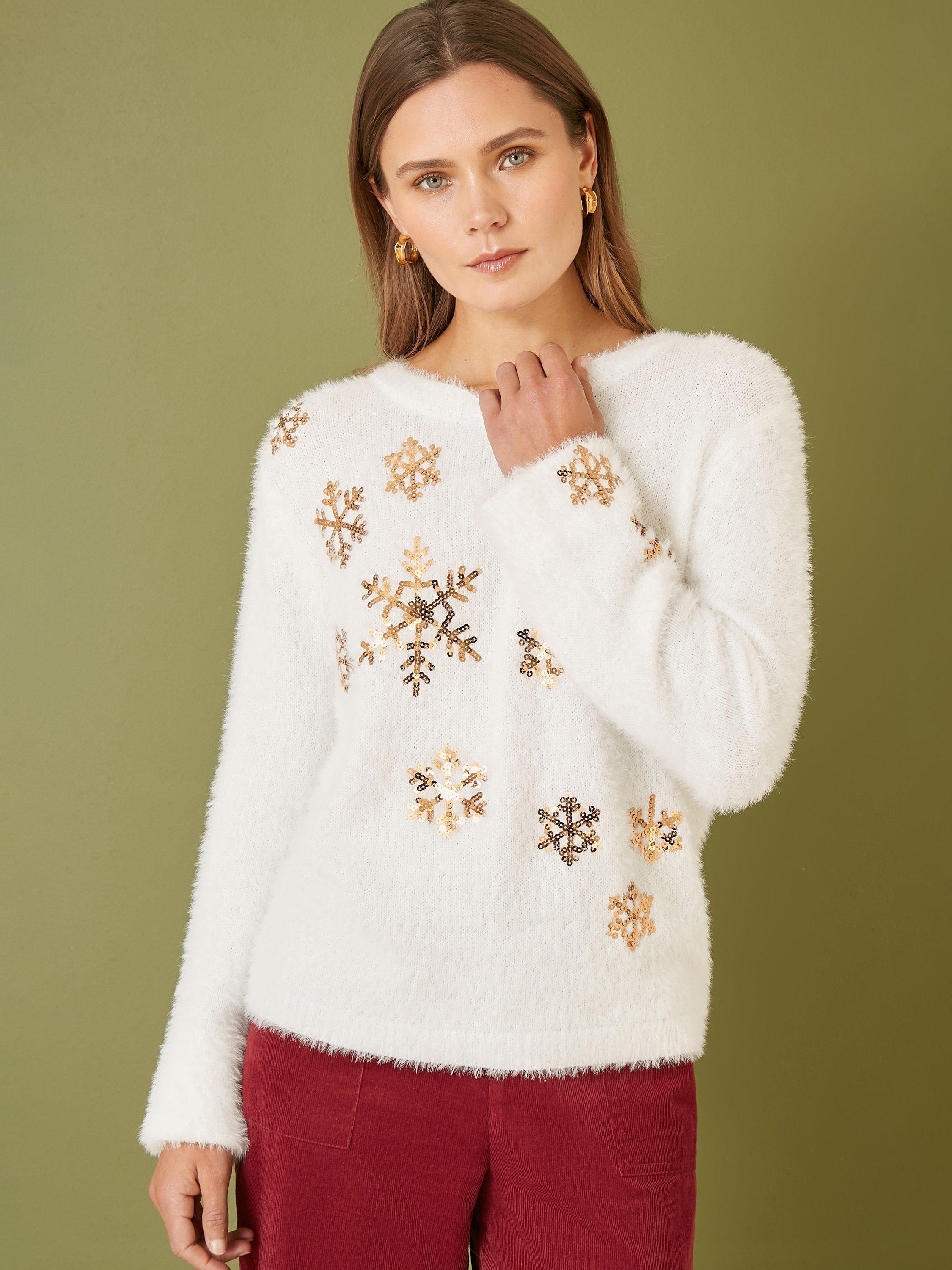 Product image 3 of 5, which shows Yumi Sequin Snowflake Fluffy Crew Neck Jumper , Ivory, S