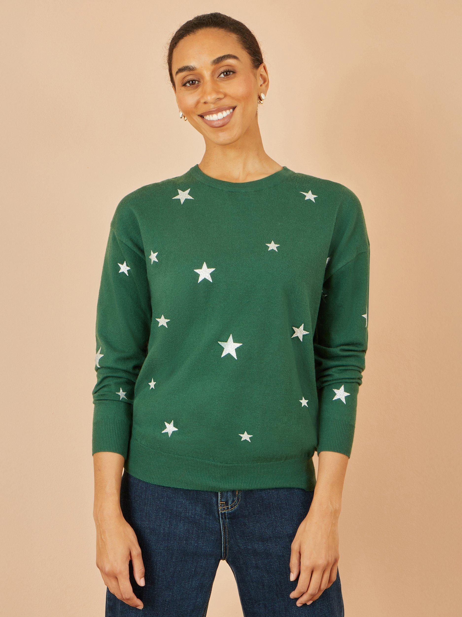 Product image 1 of 4, which shows Yumi Star Print Crew Neck Jumper, Green, S