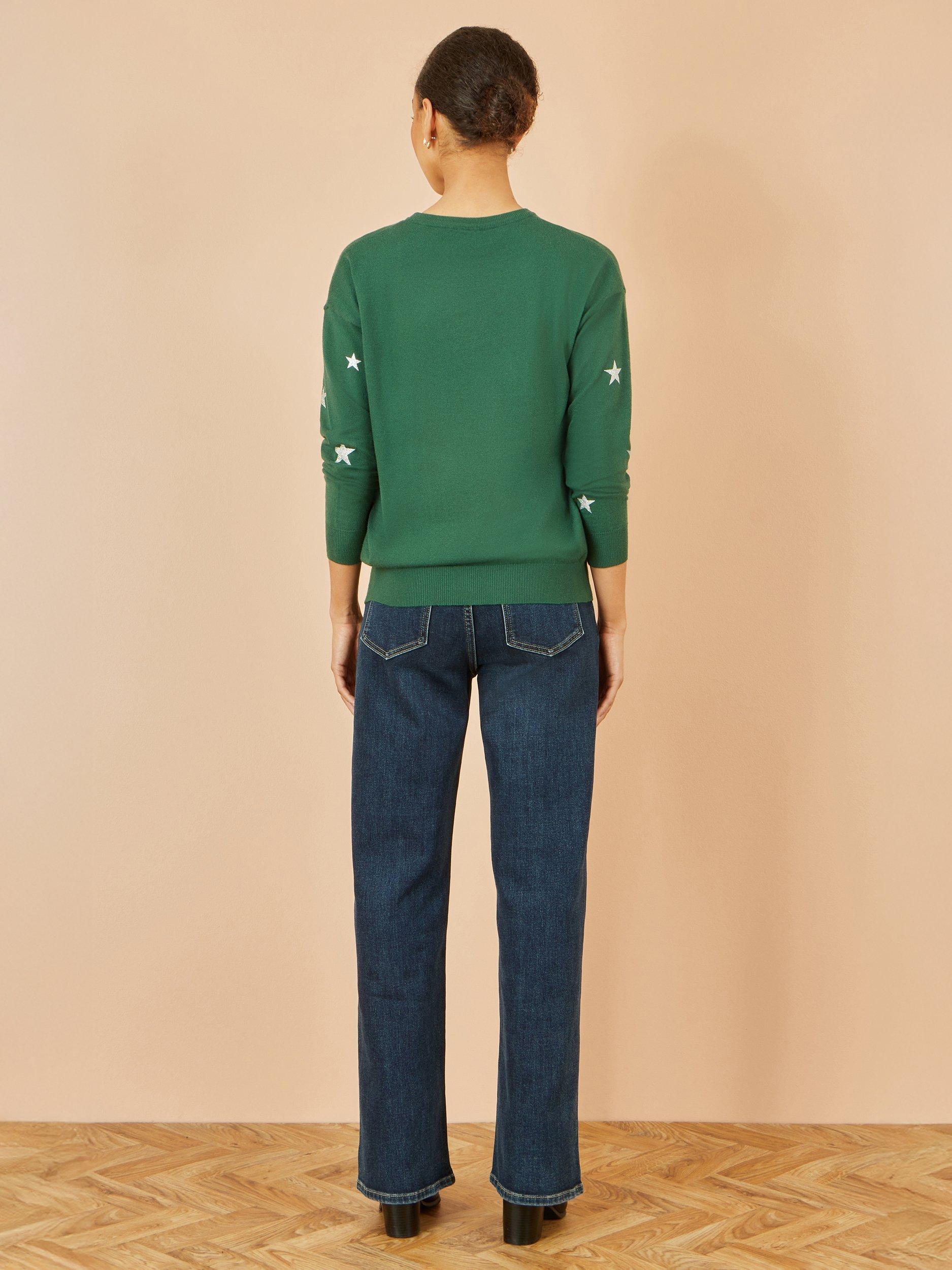 Product image 4 of 4, which shows Yumi Star Print Crew Neck Jumper, Green, S