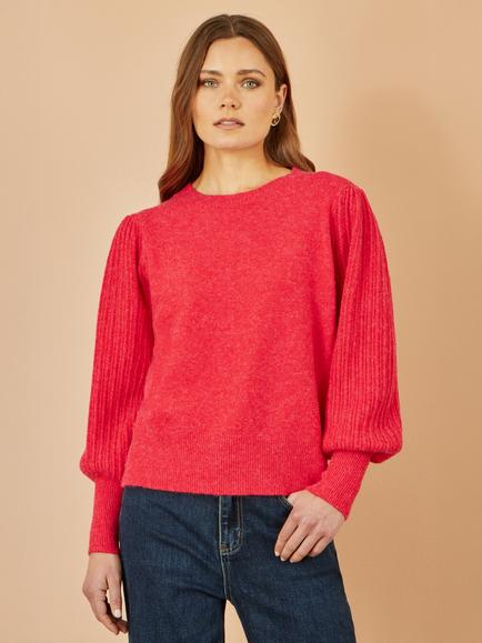 Yumi Balloon Sleeve Crew Neck Jumper, Red