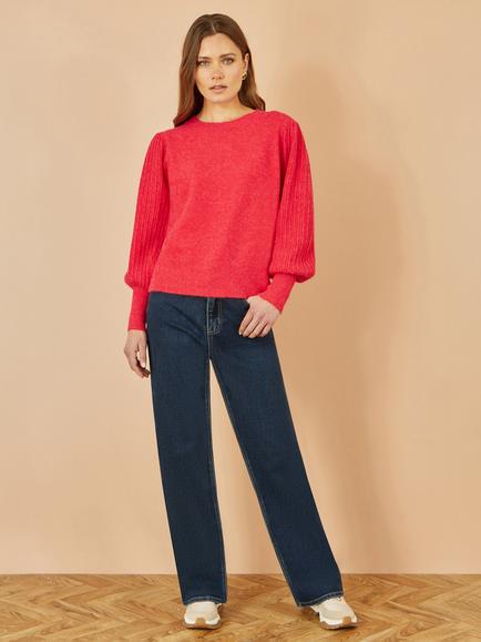 Yumi Balloon Sleeve Crew Neck Jumper - view 2, Red