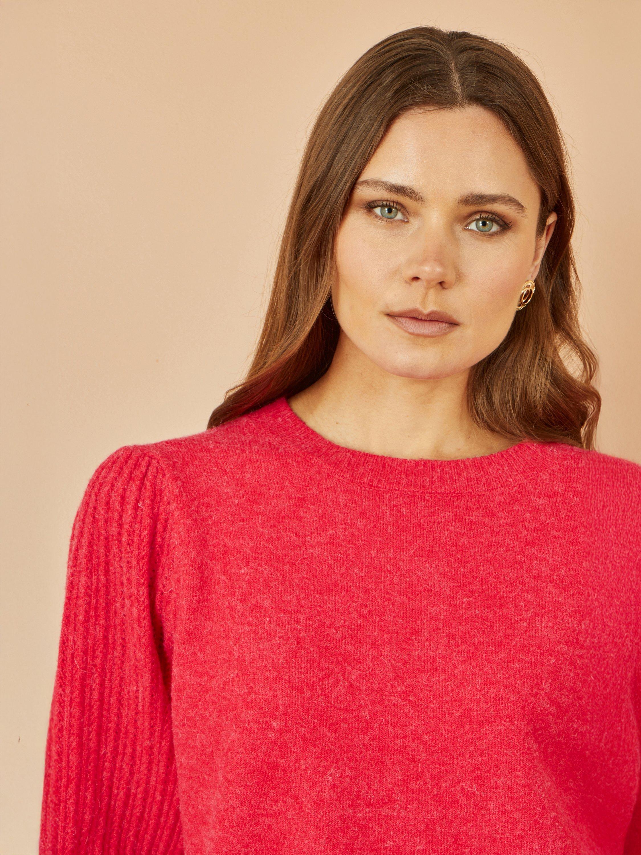 Product image 3 of 5, which shows Yumi Balloon Sleeve Crew Neck Jumper, Red, S