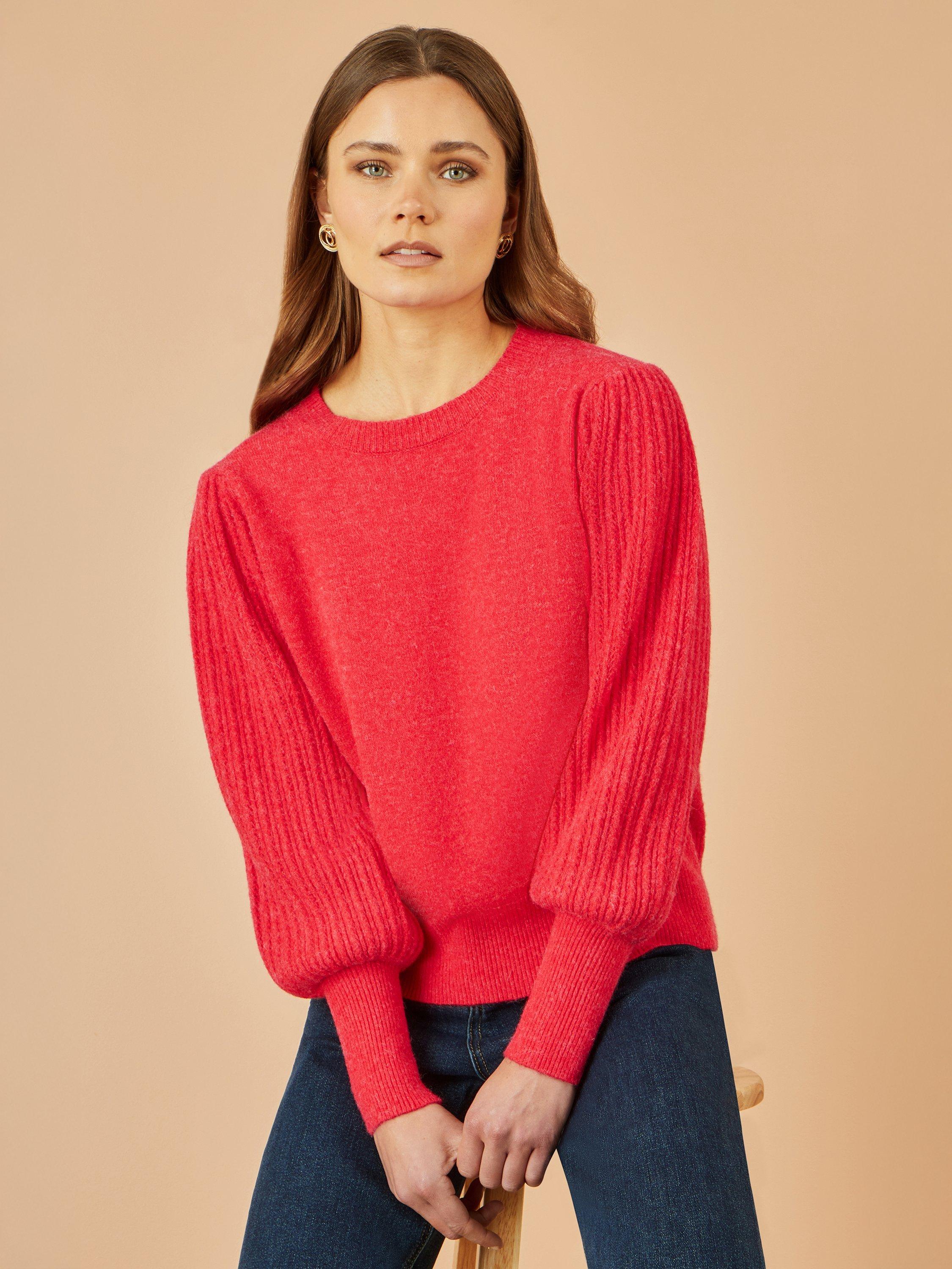 Product image 4 of 5, which shows Yumi Balloon Sleeve Crew Neck Jumper, Red, S