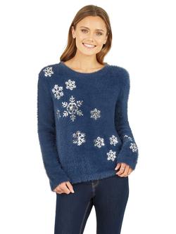 Yumi Sequin Snowflake Fluffy Crew Neck Jumper, Navy