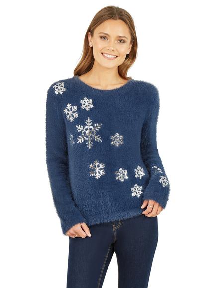 Yumi Sequin Snowflake Fluffy Crew Neck Jumper, Navy