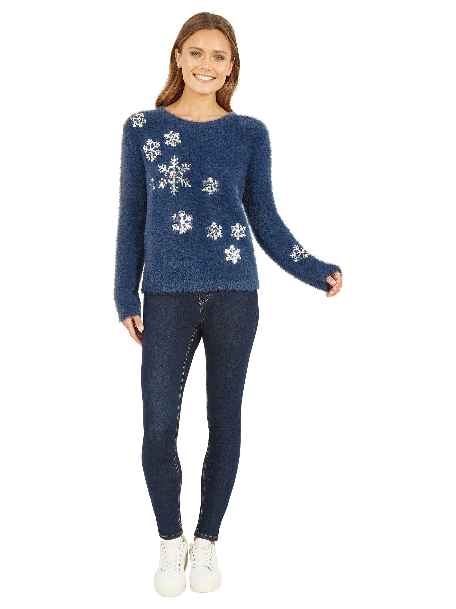 Product image 2 of 4, which shows Yumi Sequin Snowflake Fluffy Crew Neck Jumper , Navy, S