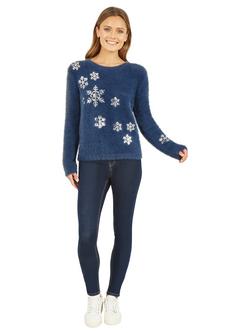 Yumi Sequin Snowflake Fluffy Crew Neck Jumper - view 2, Navy