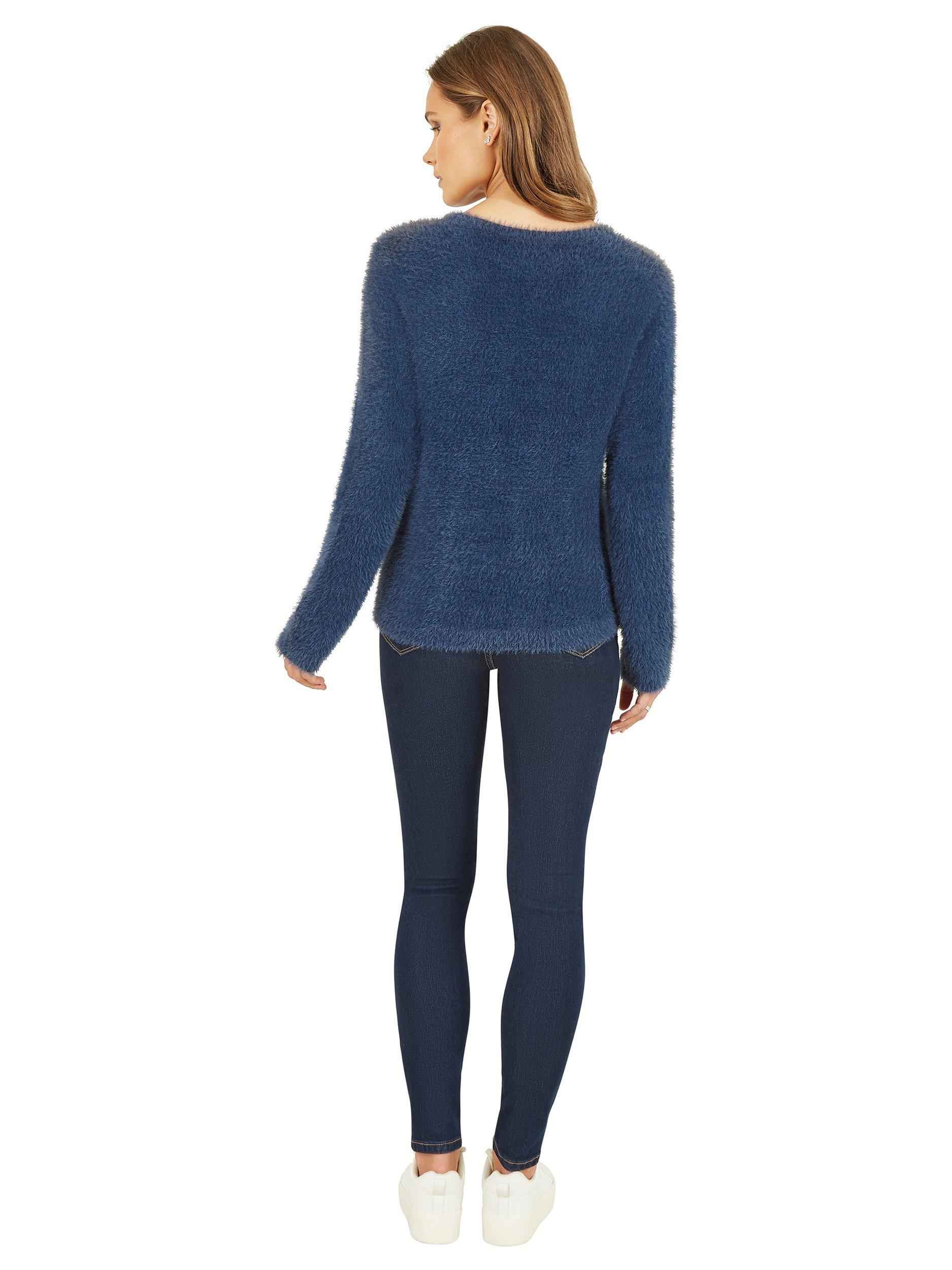 Product image 3 of 4, which shows Yumi Sequin Snowflake Fluffy Crew Neck Jumper , Navy, S