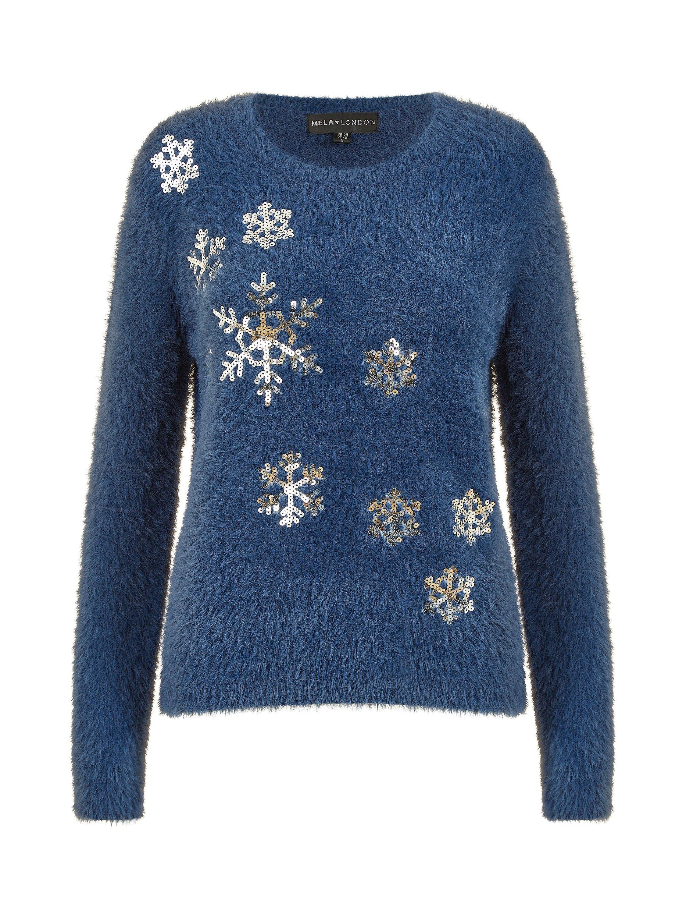 Product image 4 of 4, which shows Yumi Sequin Snowflake Fluffy Crew Neck Jumper , Navy, S