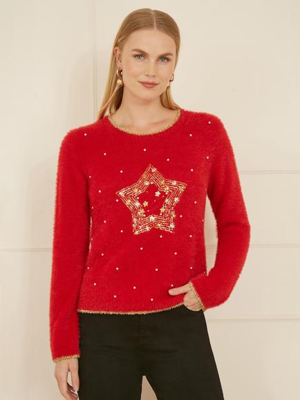 Yumi Fluffy Star Crew Neck Jumper, Red