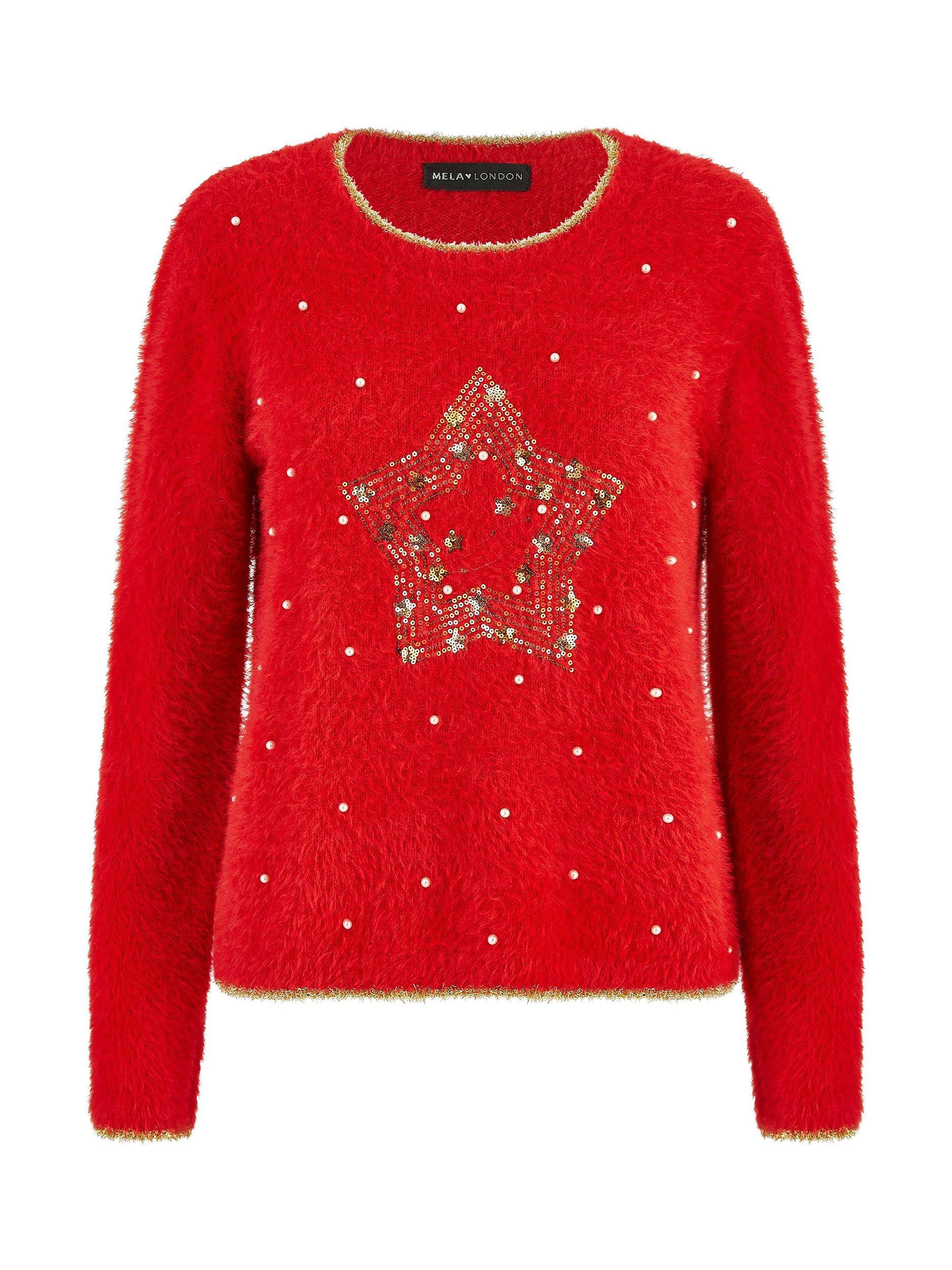 Product image 6 of 6, which shows Yumi Fluffy Star Crew Neck Jumper, Red, S