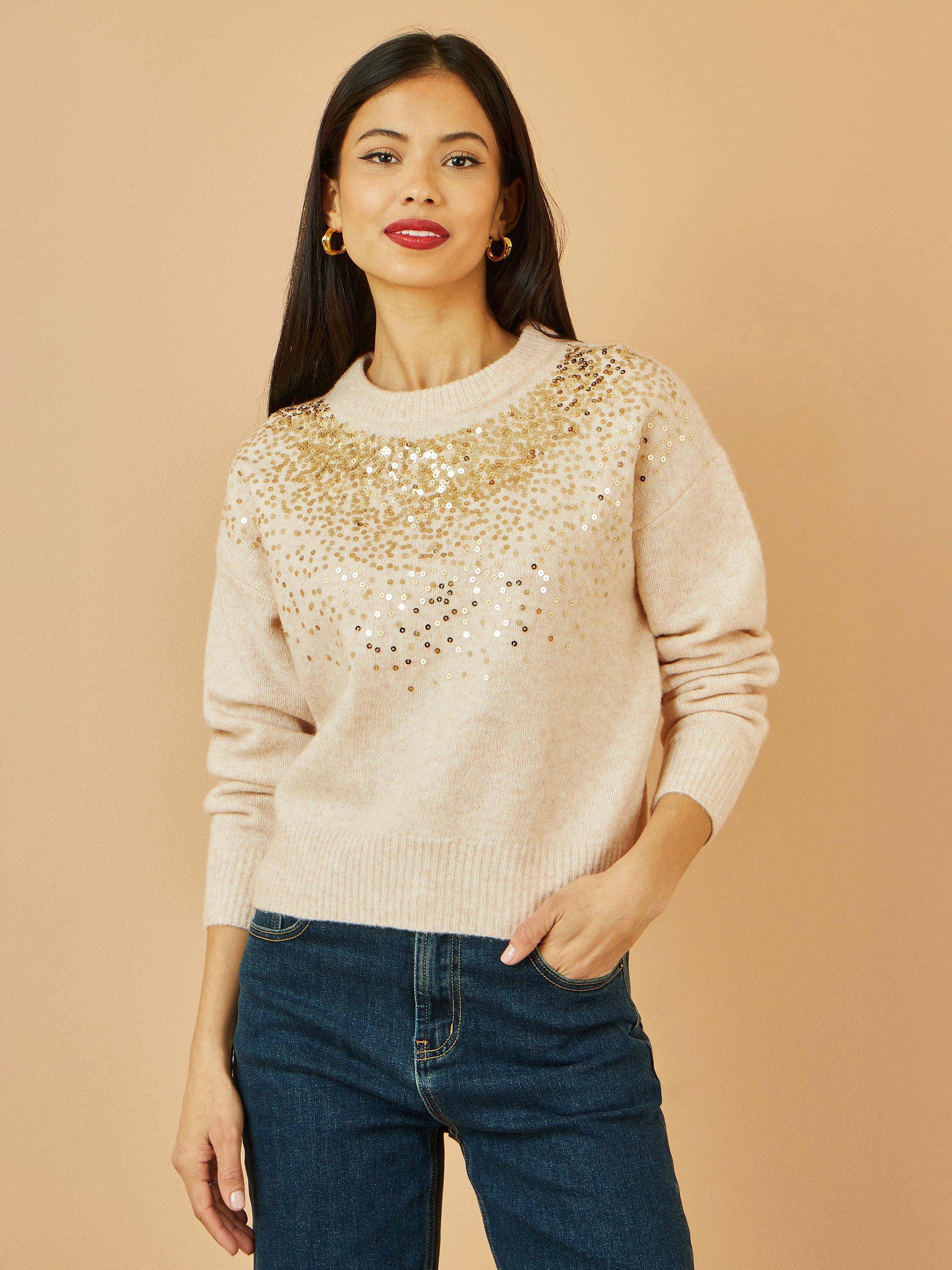 Product image 1 of 5, which shows Yumi Sequin Crew Neck Jumper, Oatmeal, S