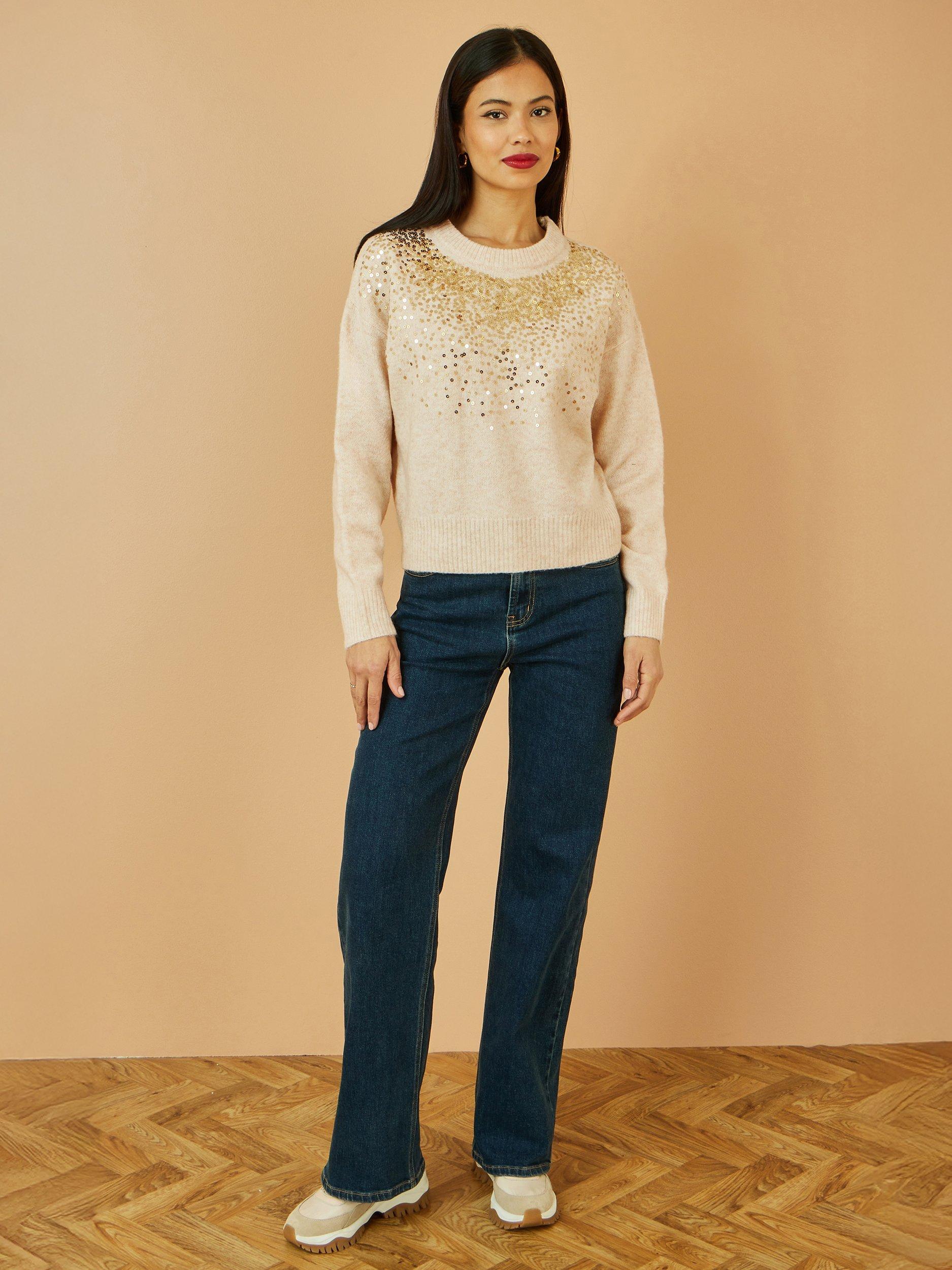 Product image 2 of 5, which shows Yumi Sequin Crew Neck Jumper, Oatmeal, S
