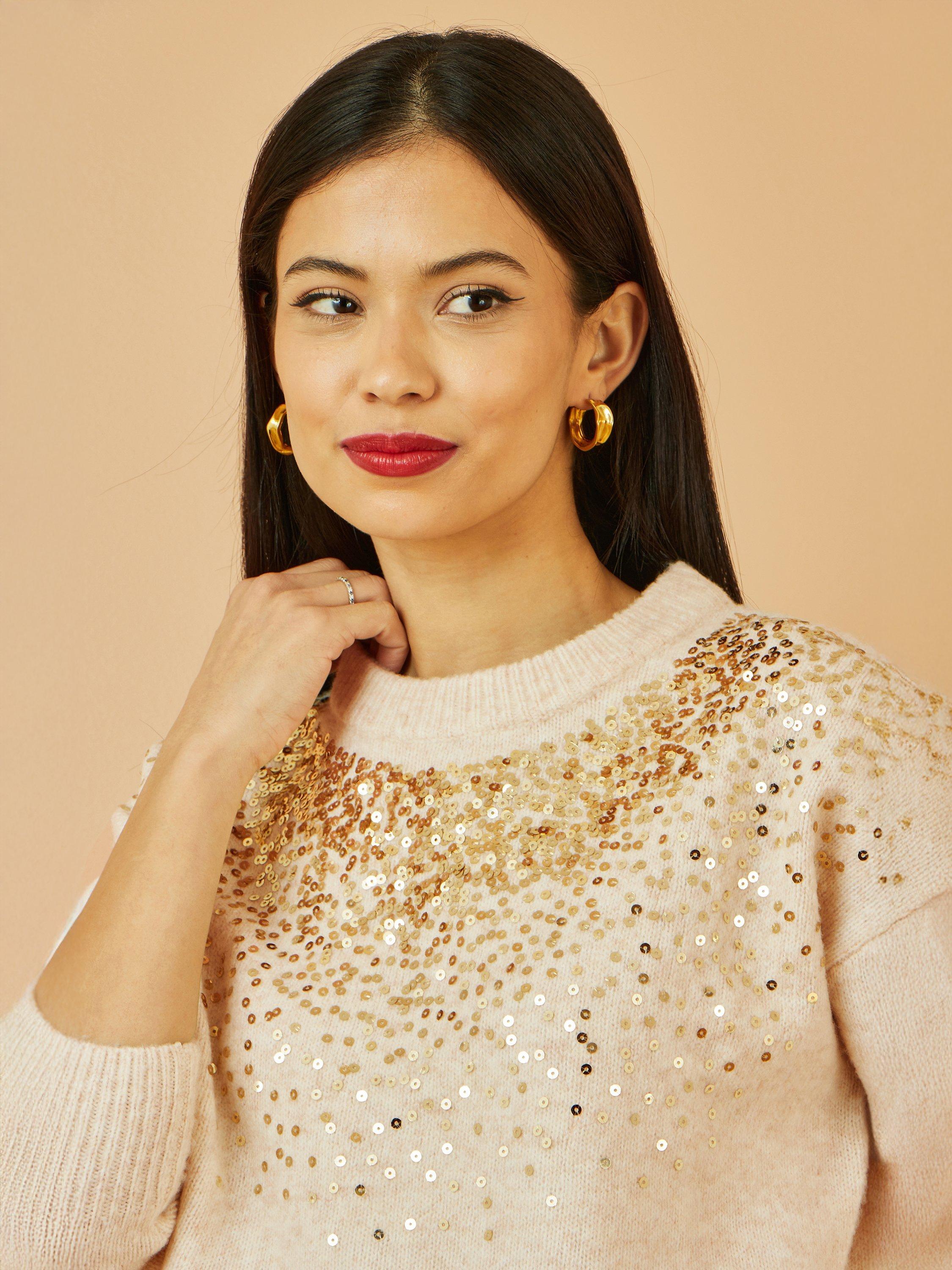 Product image 3 of 5, which shows Yumi Sequin Crew Neck Jumper, Oatmeal, S