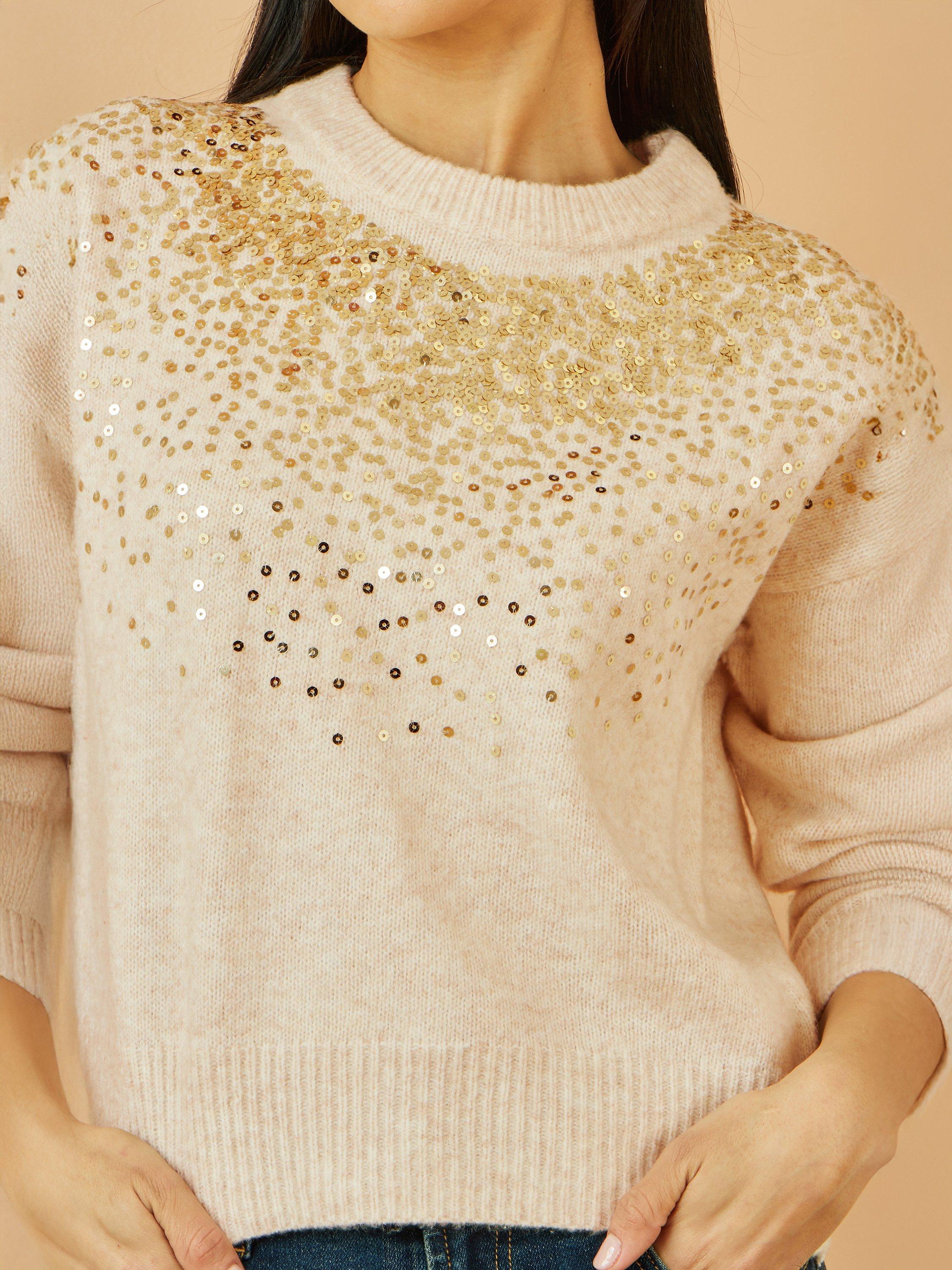 Product image 4 of 5, which shows Yumi Sequin Crew Neck Jumper, Oatmeal, S