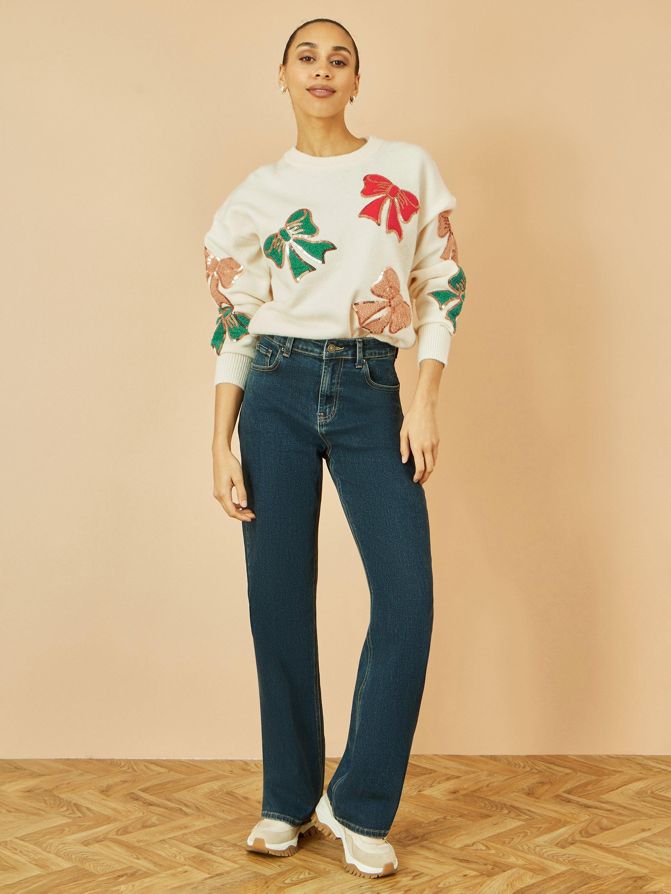 Product image 2 of 6, which shows Yumi Sequin Bow Crew Neck Jumper, White, S