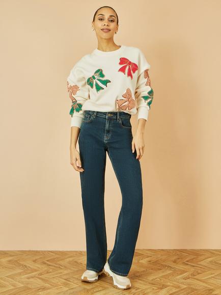 Yumi Sequin Bow Crew Neck Jumper - view 2, White