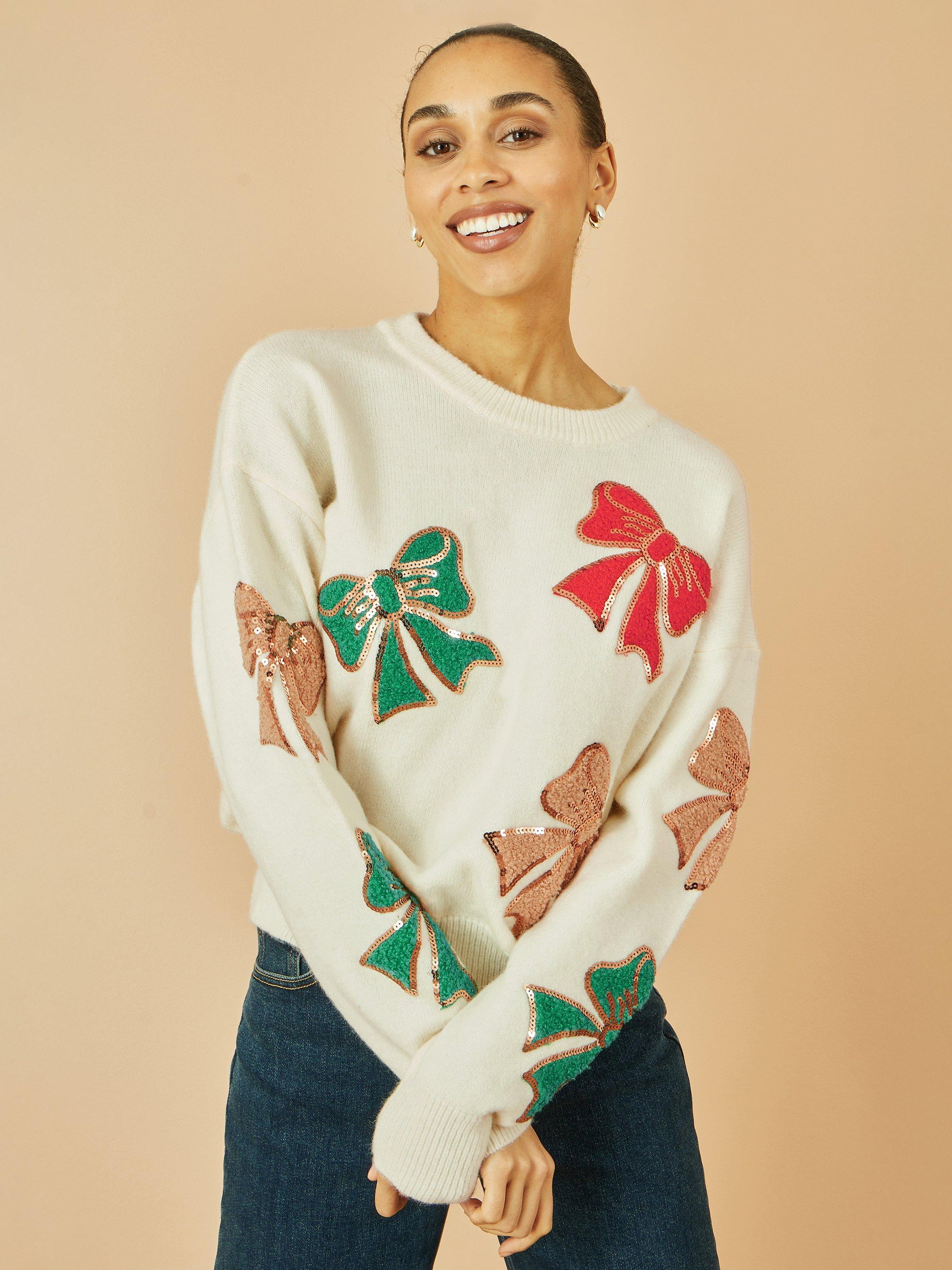 Product image 4 of 6, which shows Yumi Sequin Bow Crew Neck Jumper, White, S