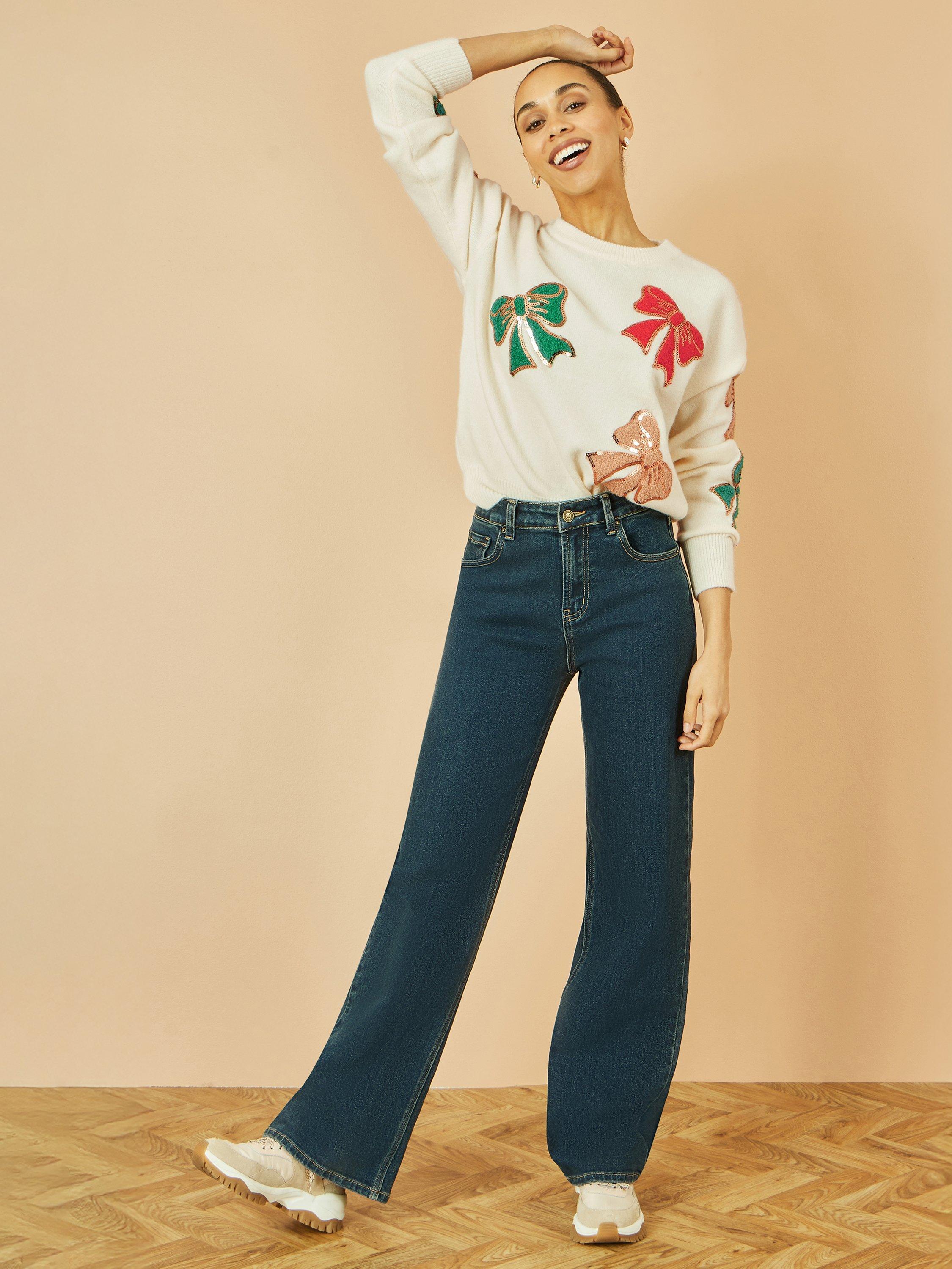 Product image 5 of 6, which shows Yumi Sequin Bow Crew Neck Jumper, White, S