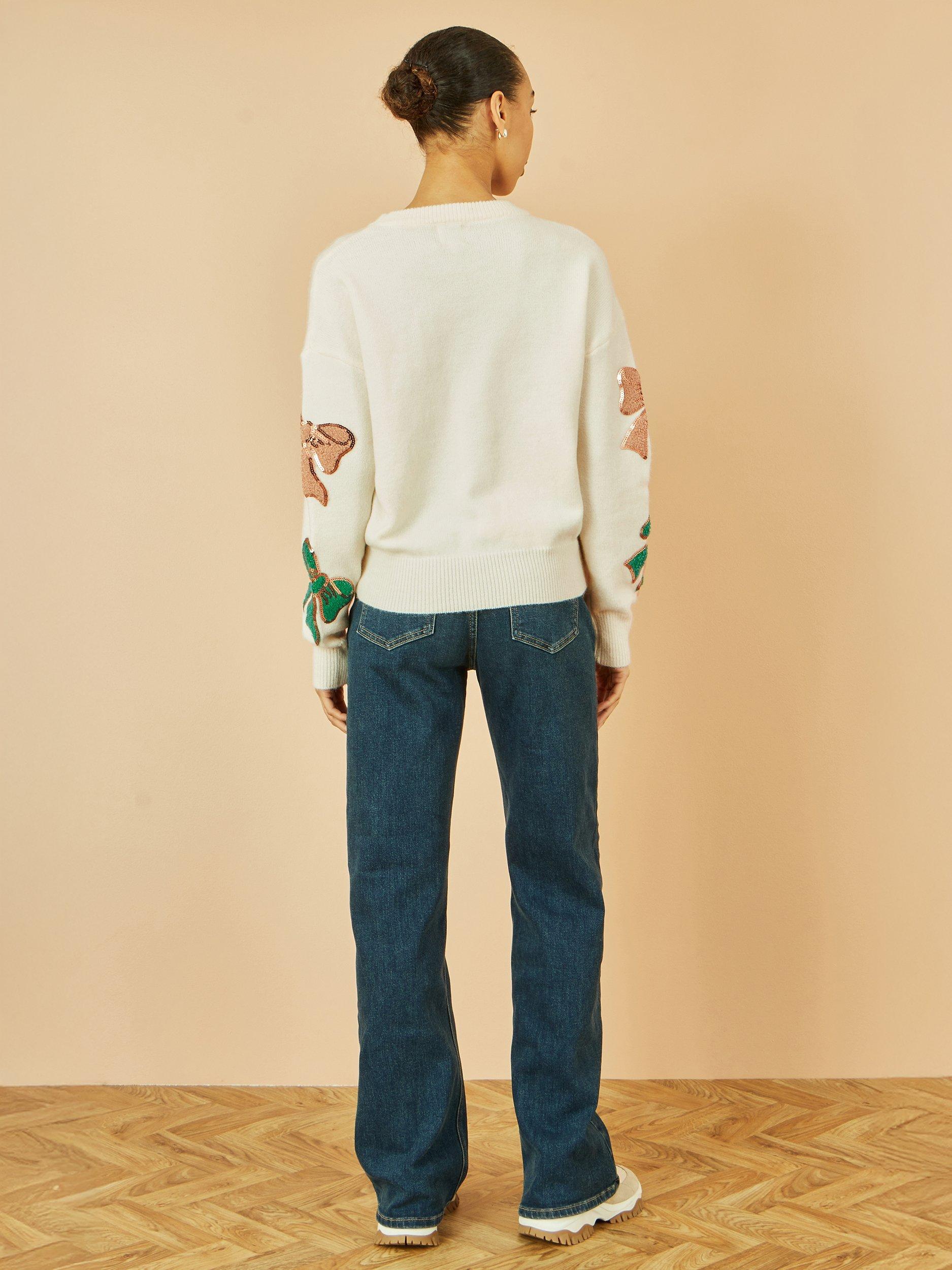 Product image 6 of 6, which shows Yumi Sequin Bow Crew Neck Jumper, White, S