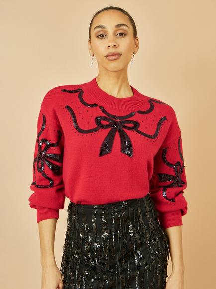 Yumi Sequin Bow Crew Neck Jumper, Red