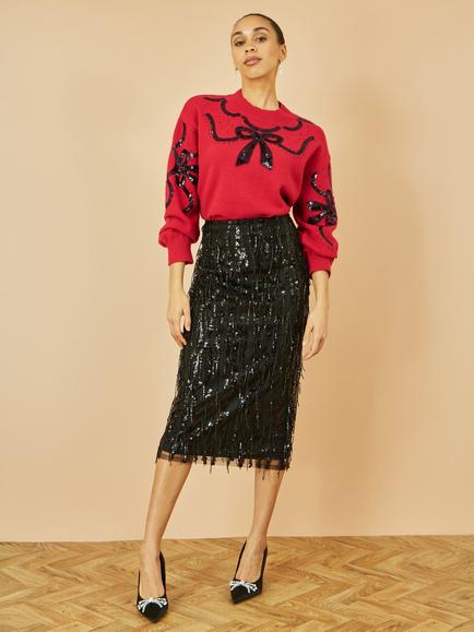 Yumi Sequin Bow Crew Neck Jumper - view 2, Red