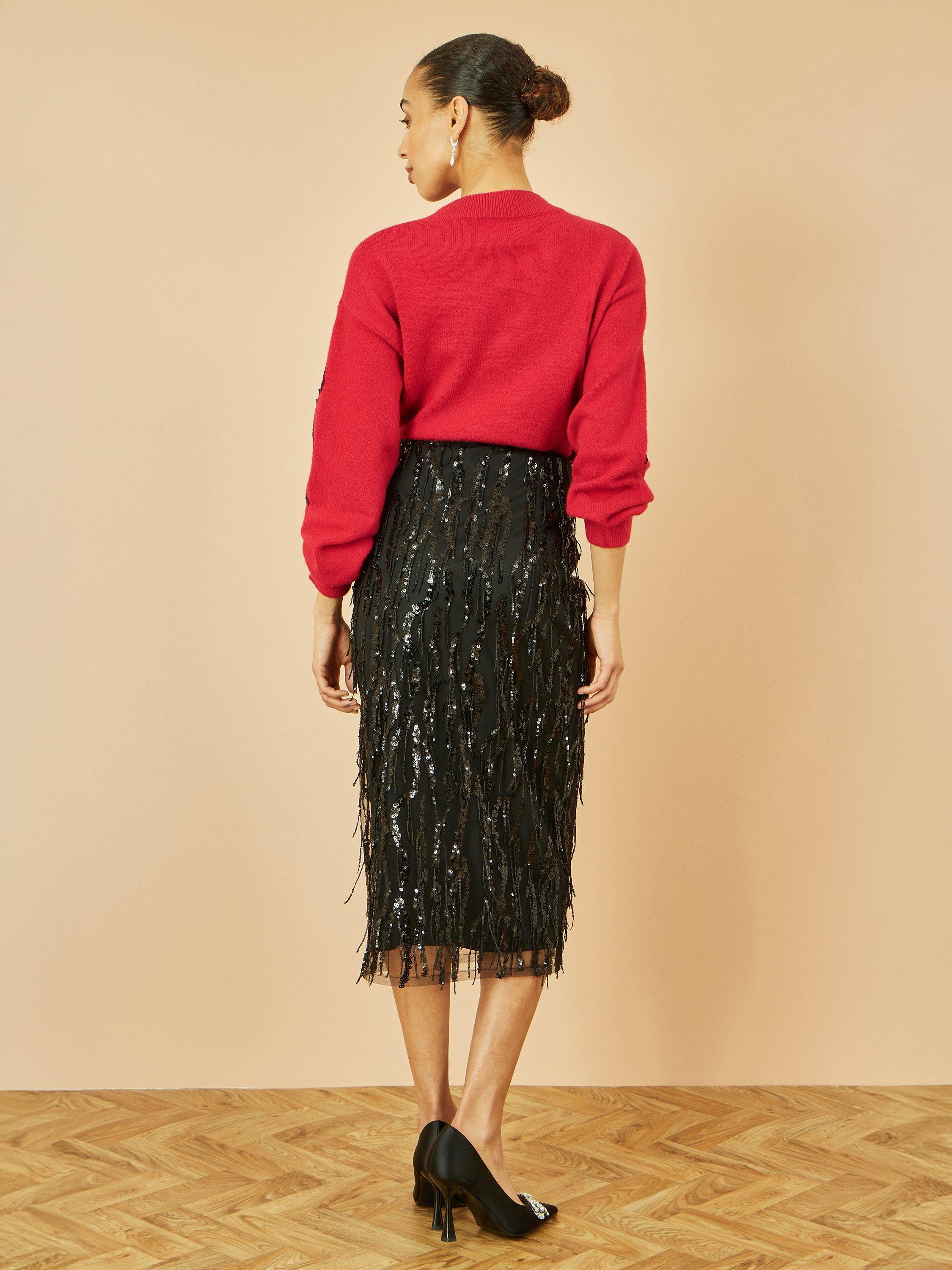 Product image 5 of 5, which shows Yumi Sequin Bow Crew Neck Jumper, Red, S