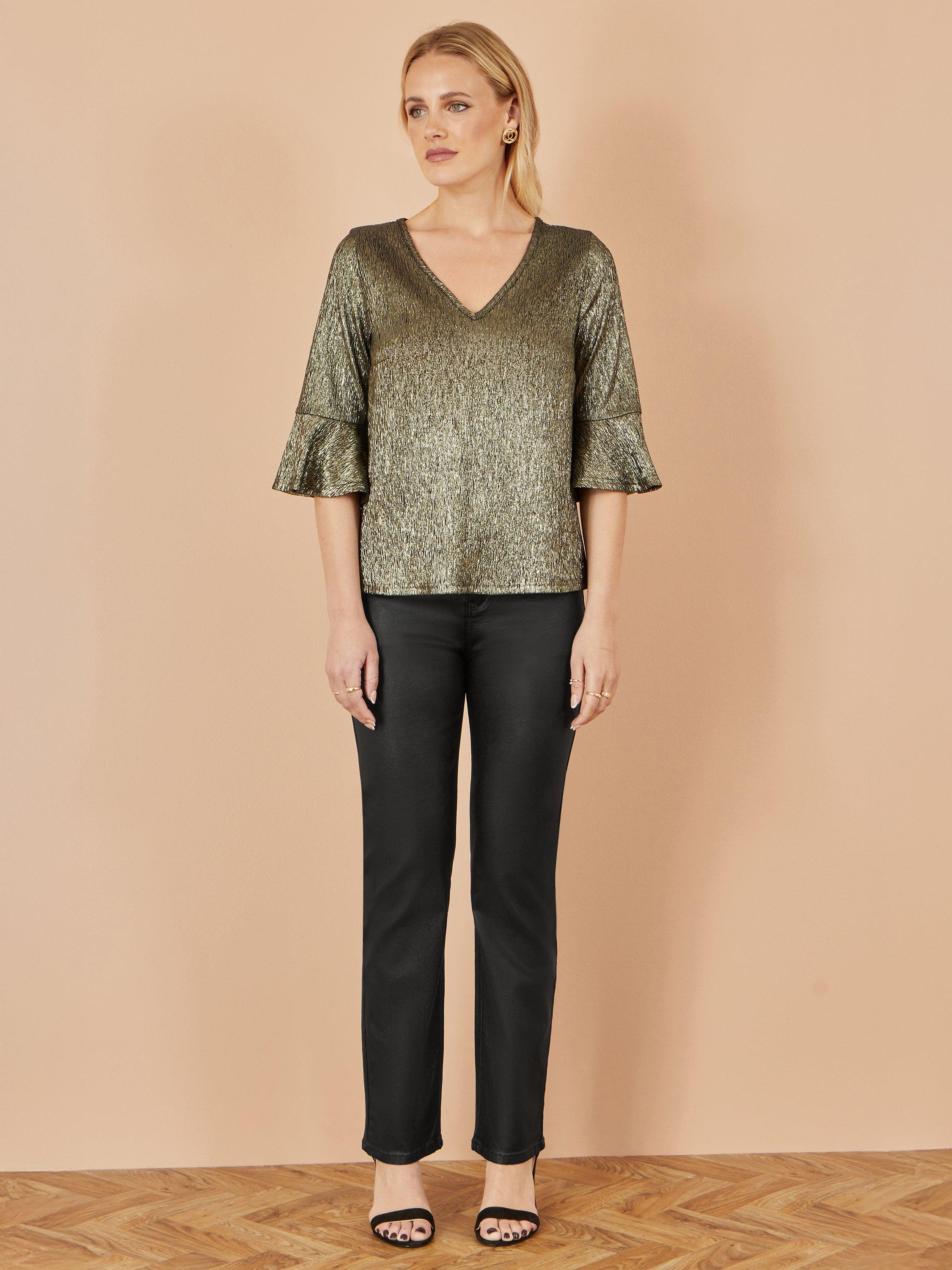 Product image 2 of 6, which shows Yumi Metallic Three Quarter Fluted Sleeves V Neck Blouse, Gold, 8