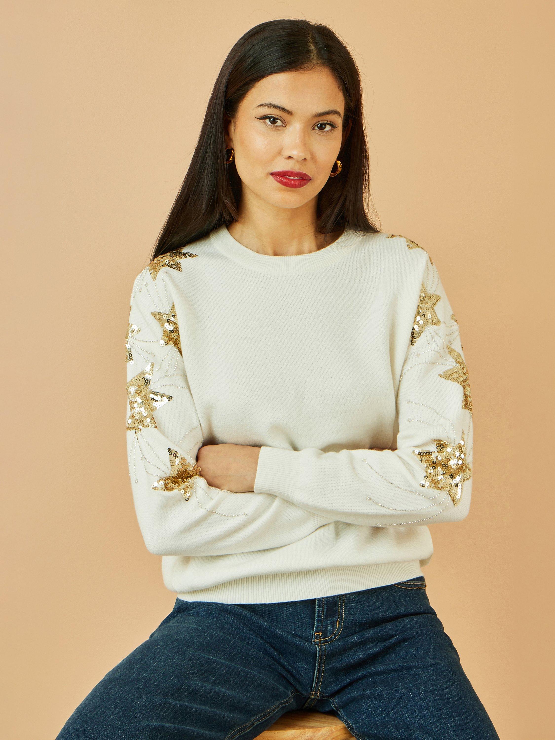 Product image 1 of 5, which shows Yumi Sequin Star Crew Neck Jumper, White, S