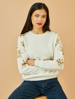 Yumi Sequin Star Crew Neck Jumper, White