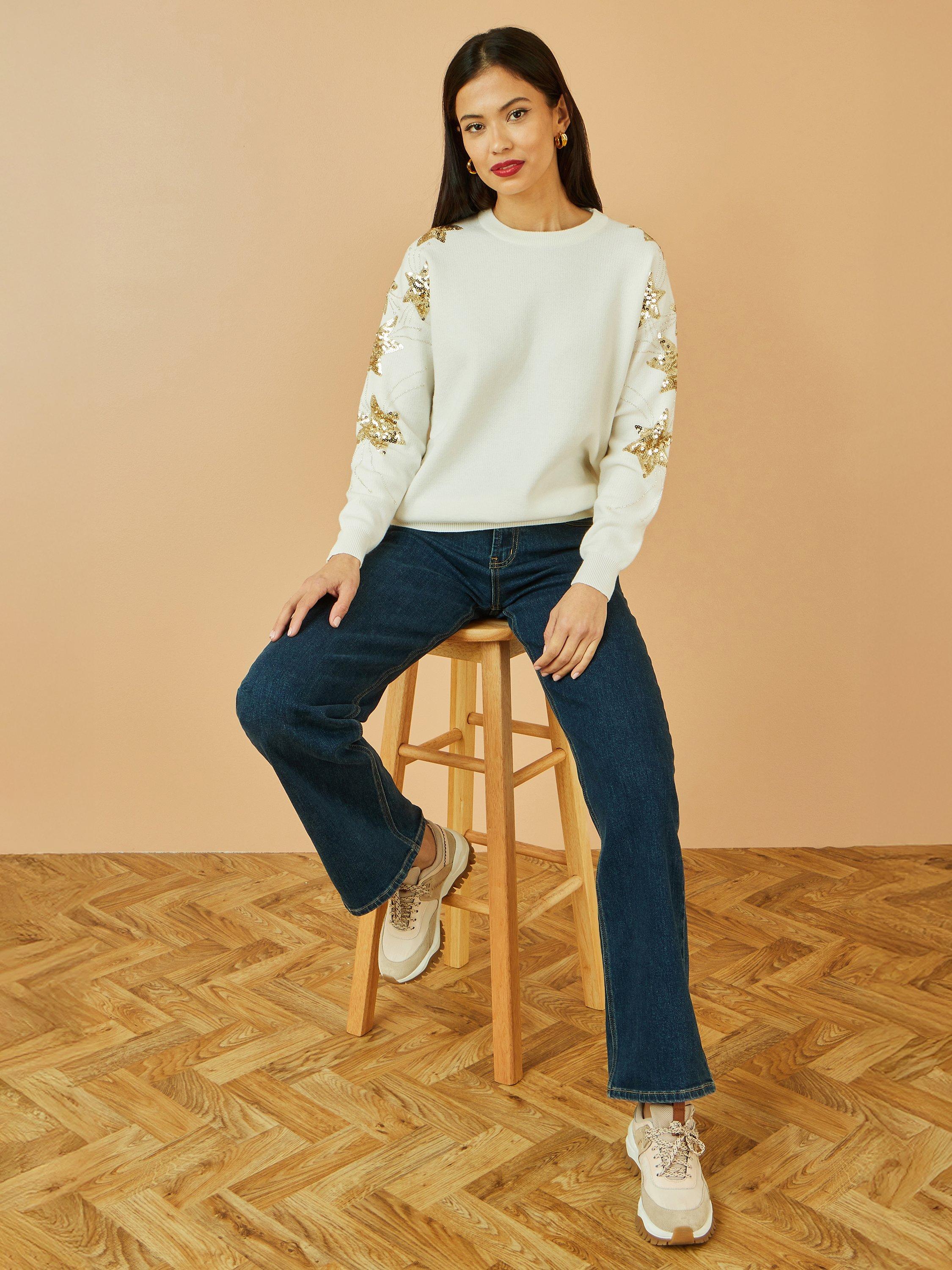 Product image 2 of 5, which shows Yumi Sequin Star Crew Neck Jumper, White, S