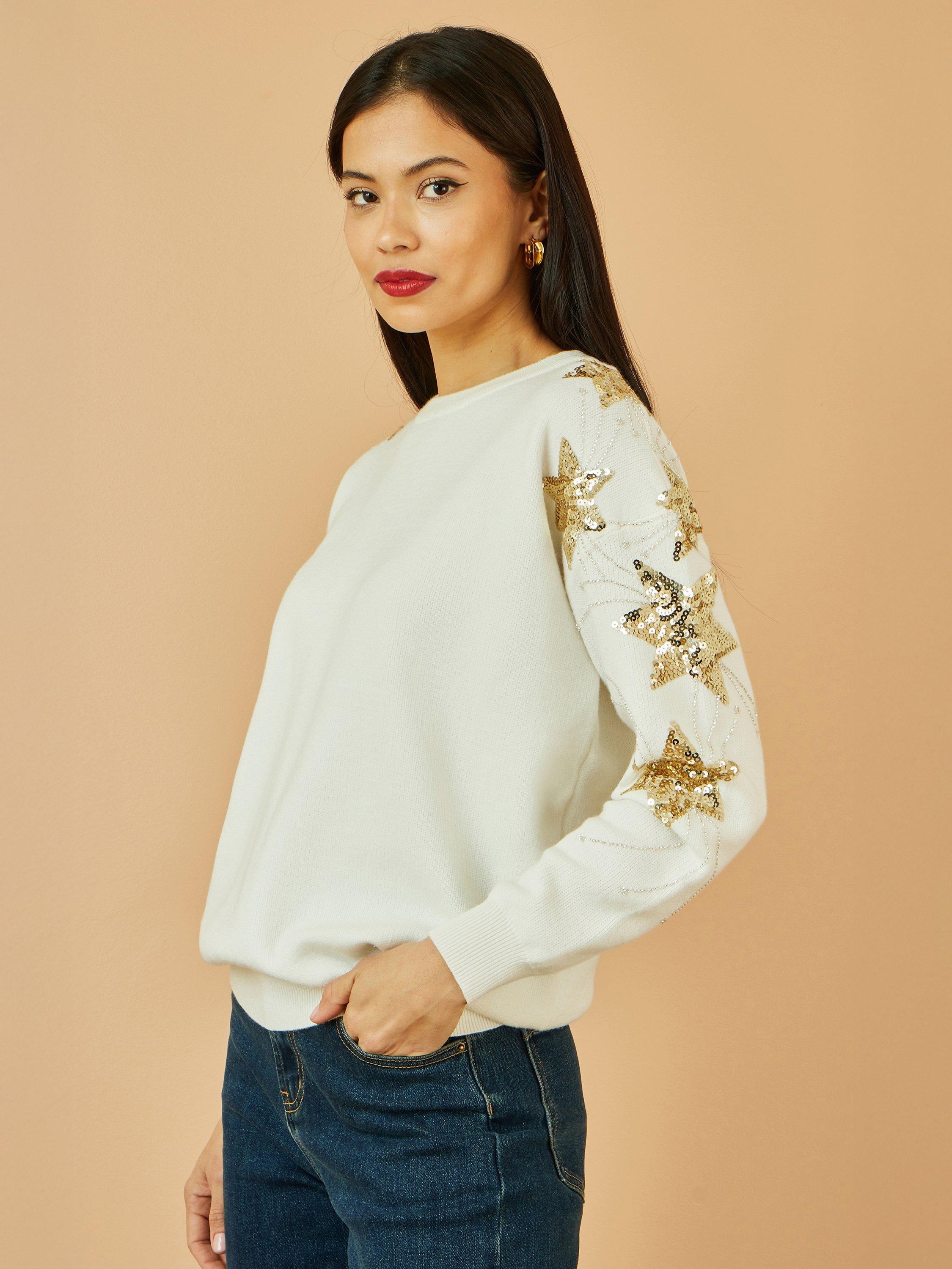 Product image 3 of 5, which shows Yumi Sequin Star Crew Neck Jumper, White, S