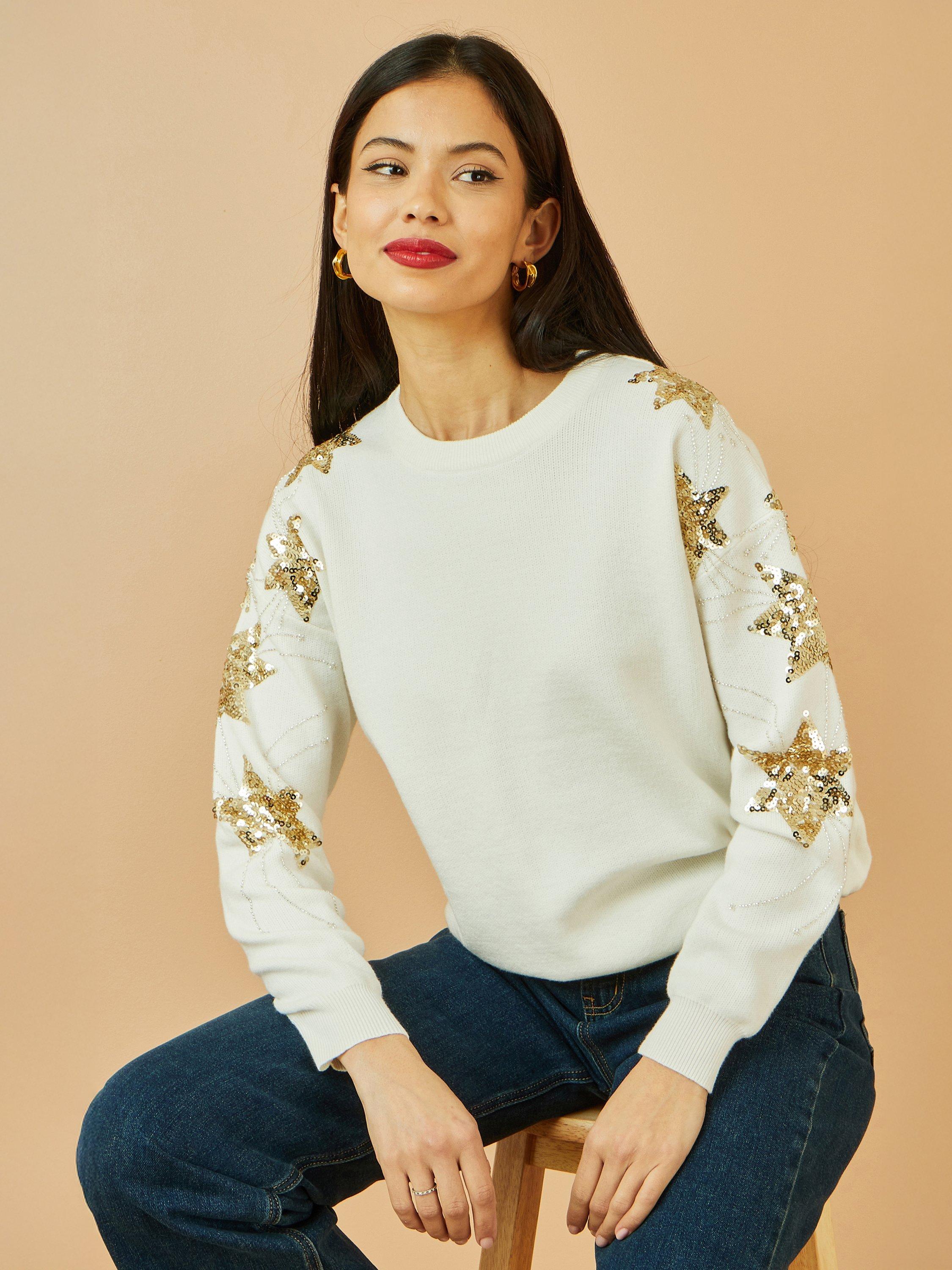 Product image 4 of 5, which shows Yumi Sequin Star Crew Neck Jumper, White, S