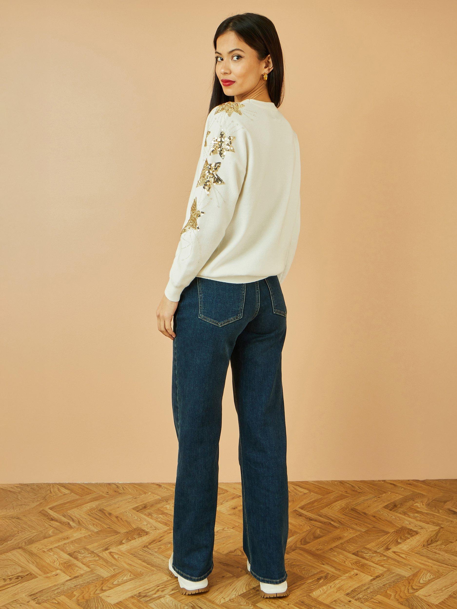 Product image 5 of 5, which shows Yumi Sequin Star Crew Neck Jumper, White, S