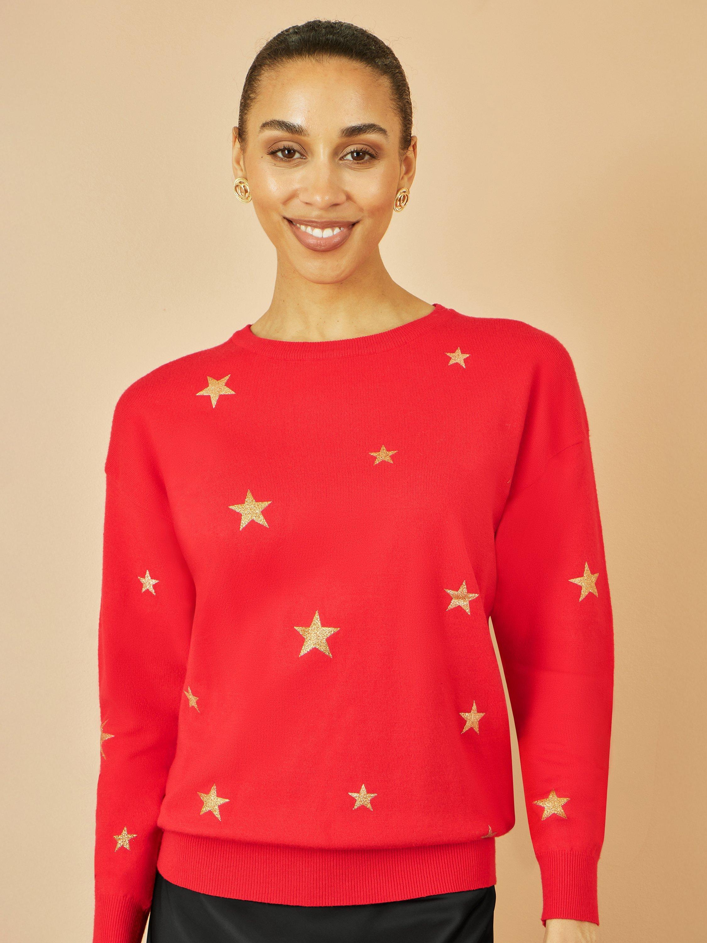 Product image 1 of 5, which shows Yumi Star Print Crew Neck Jumper, Red, S