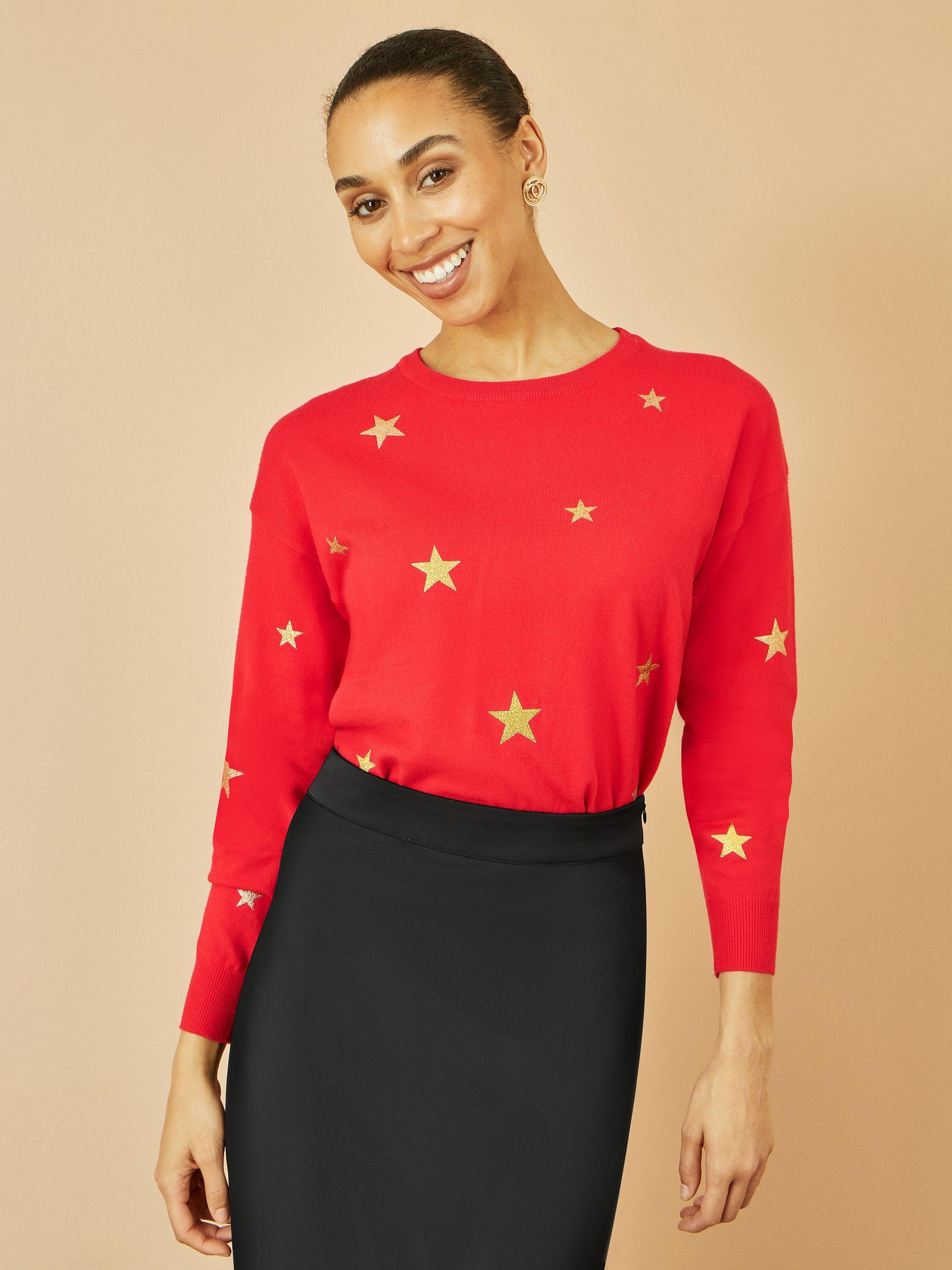 Product image 3 of 5, which shows Yumi Star Print Crew Neck Jumper, Red, S