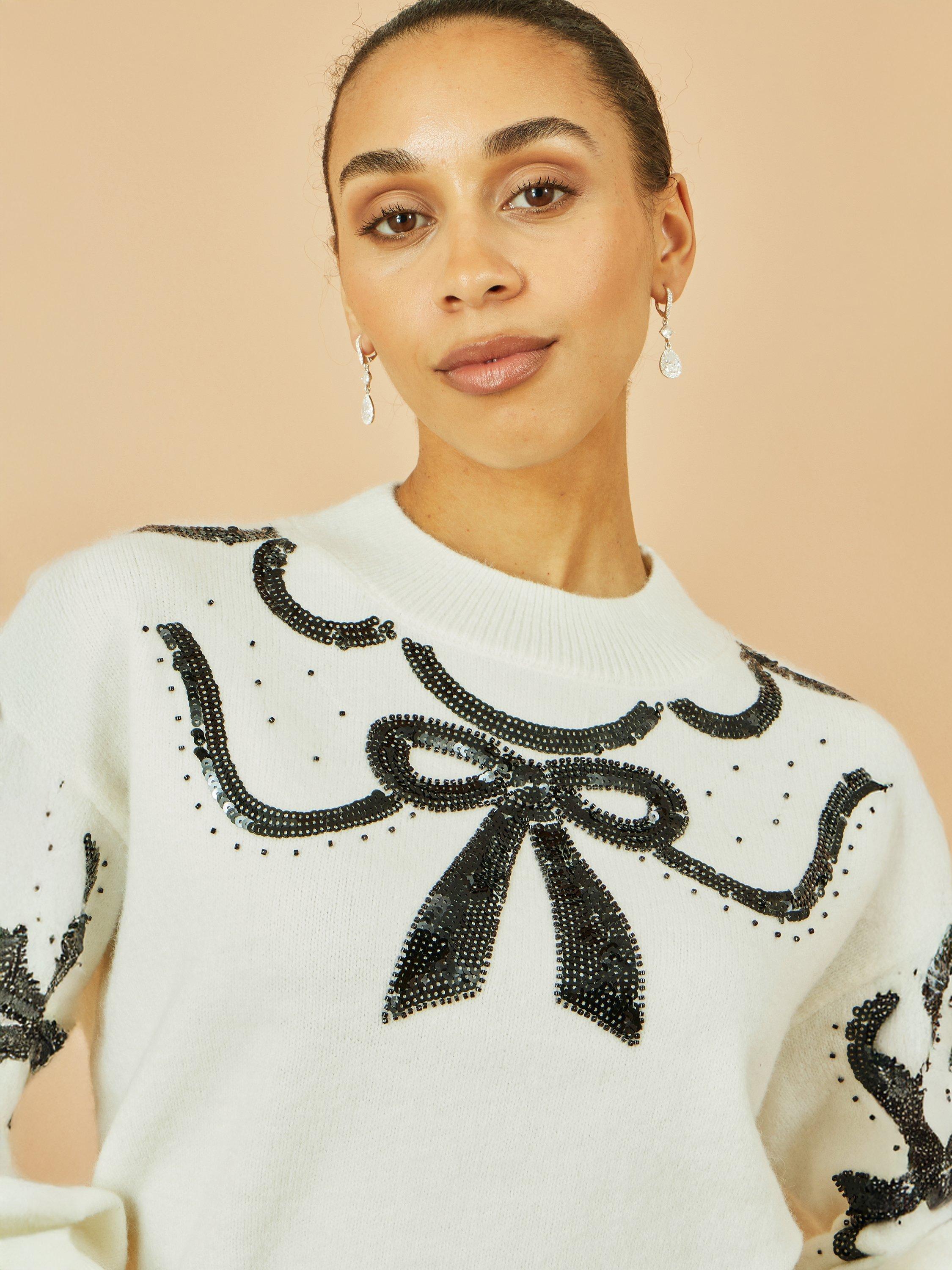 Product image 3 of 5, which shows Yumi Sequin Bow Crew Neck Jumper, White, S