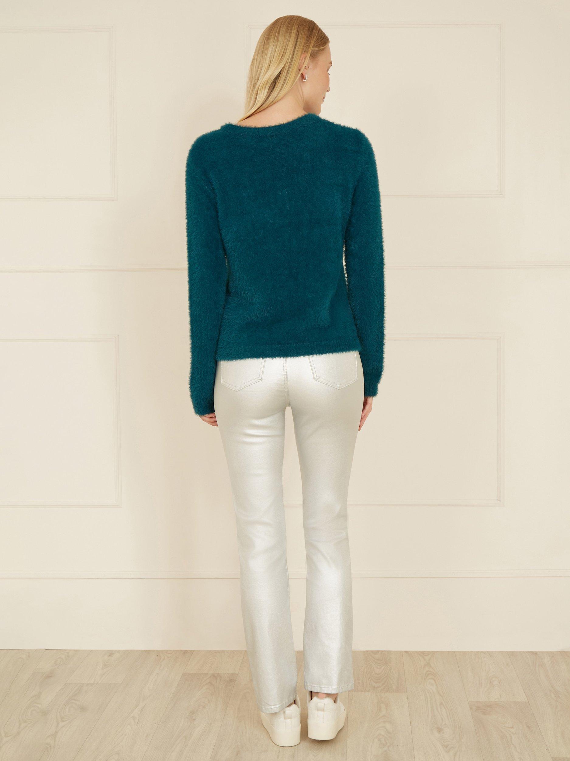 Product image 4 of 5, which shows Yumi Sequin Snowflake Fluffy Crew Neck Jumper , Teal, S