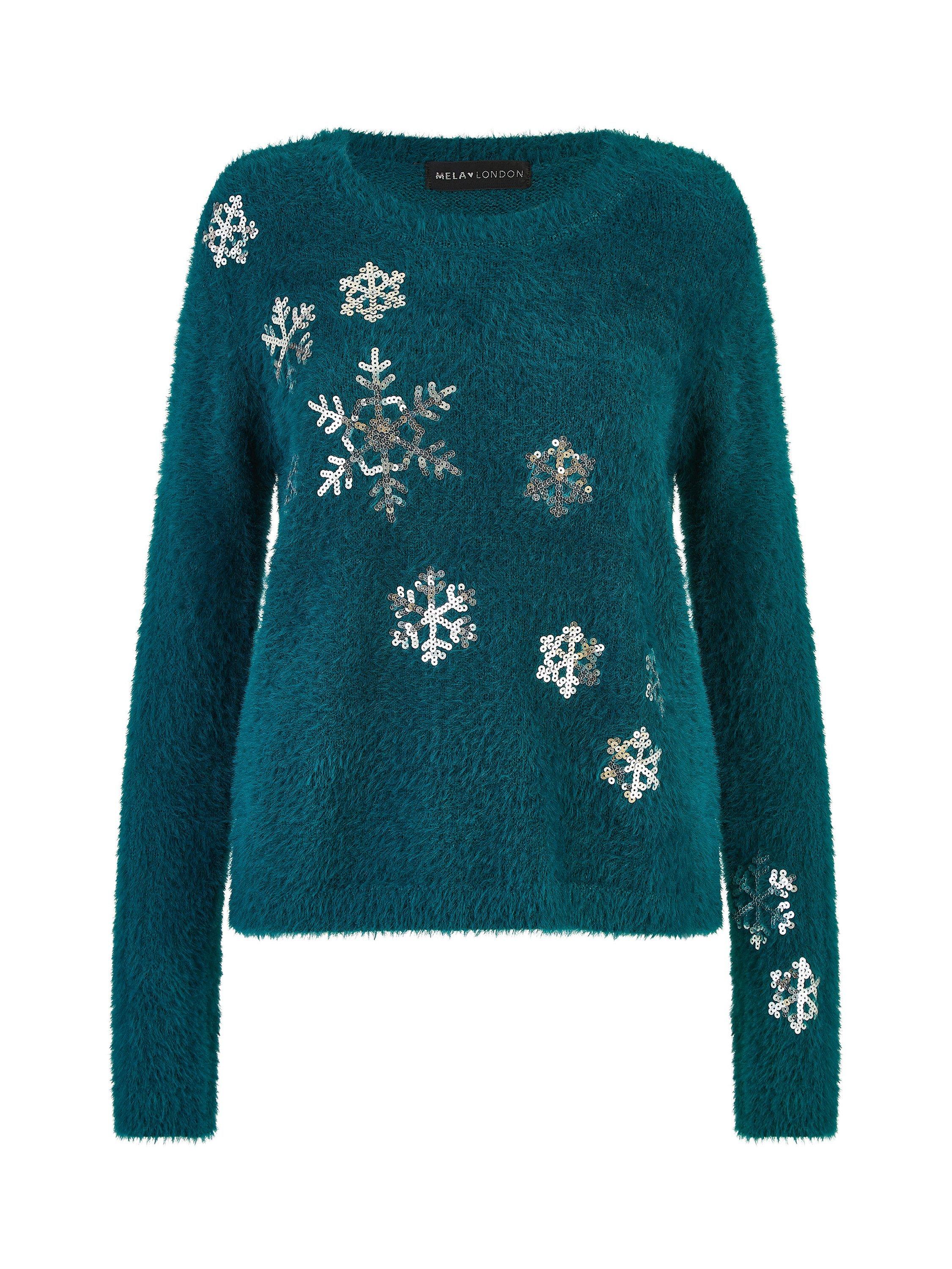 Product image 5 of 5, which shows Yumi Sequin Snowflake Fluffy Crew Neck Jumper , Teal, S