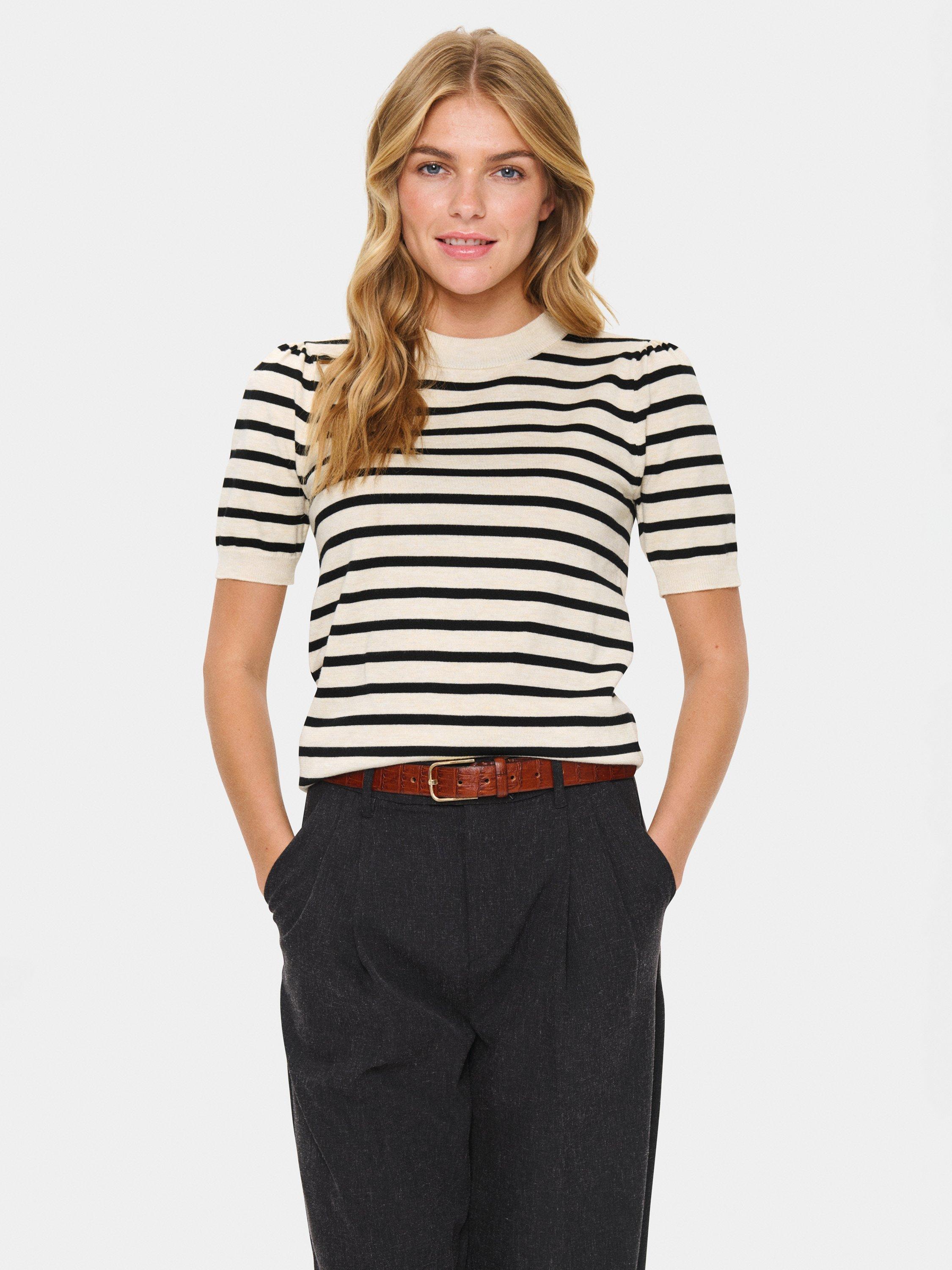 Product image 1 of 6, which shows Saint Tropez Mila Stripe Crew Neck Jumper, Rice/Black, XS