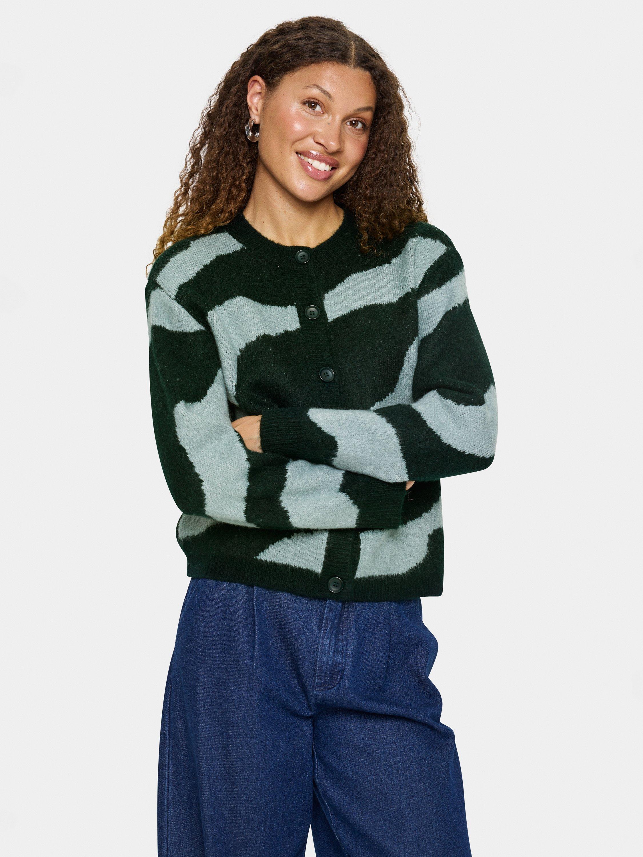 Product image 1 of 6, which shows Saint Tropez Mallie Abstract Stripe Cardigan, Green/Multi, XS