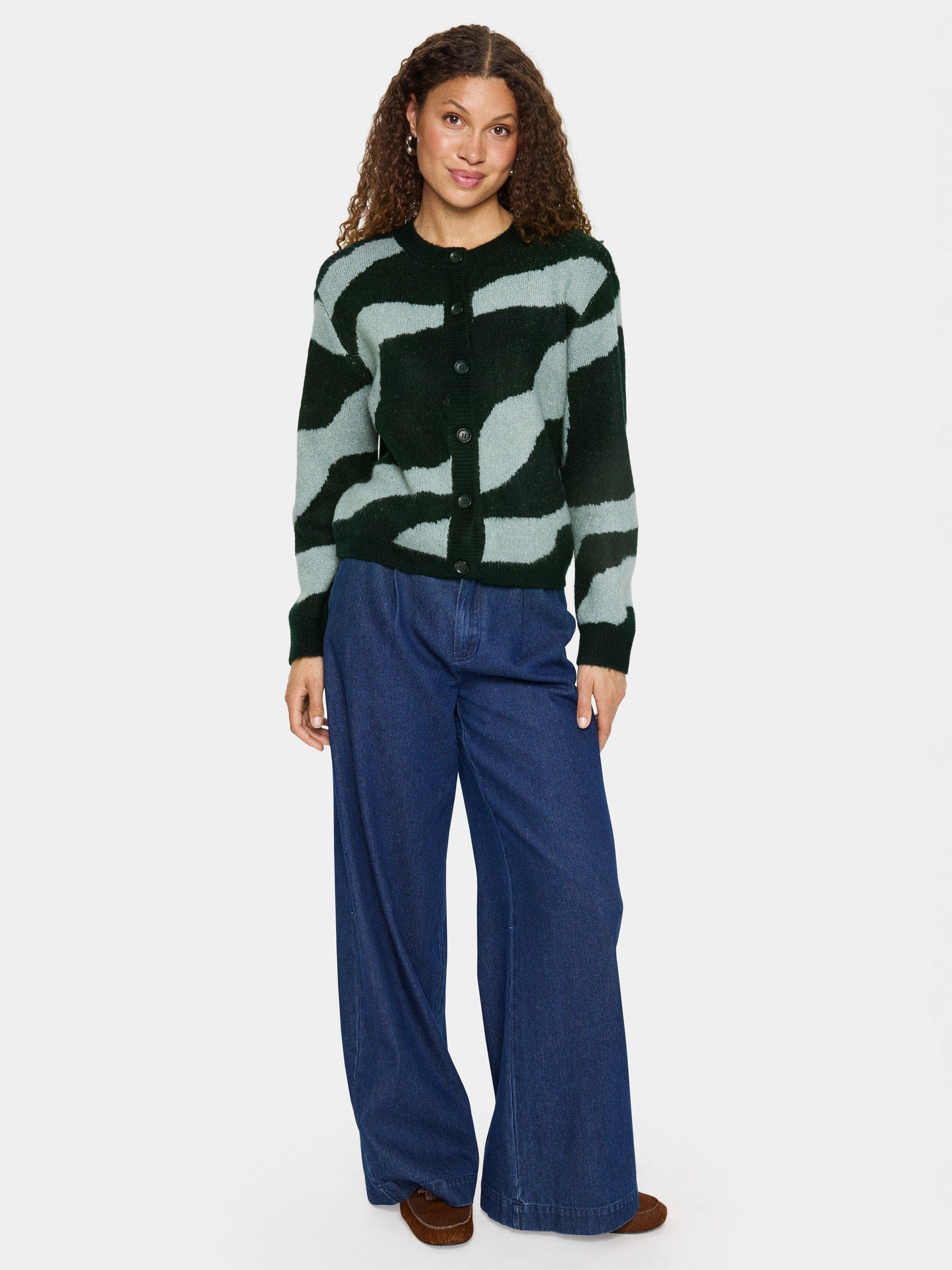 Product image 3 of 6, which shows Saint Tropez Mallie Abstract Stripe Cardigan, Green/Multi, XS