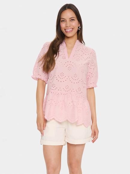 Saint Tropez Geleksa Short Sleeve Broderie Cotton Blouse, Pink Nectar, Pink Nectar