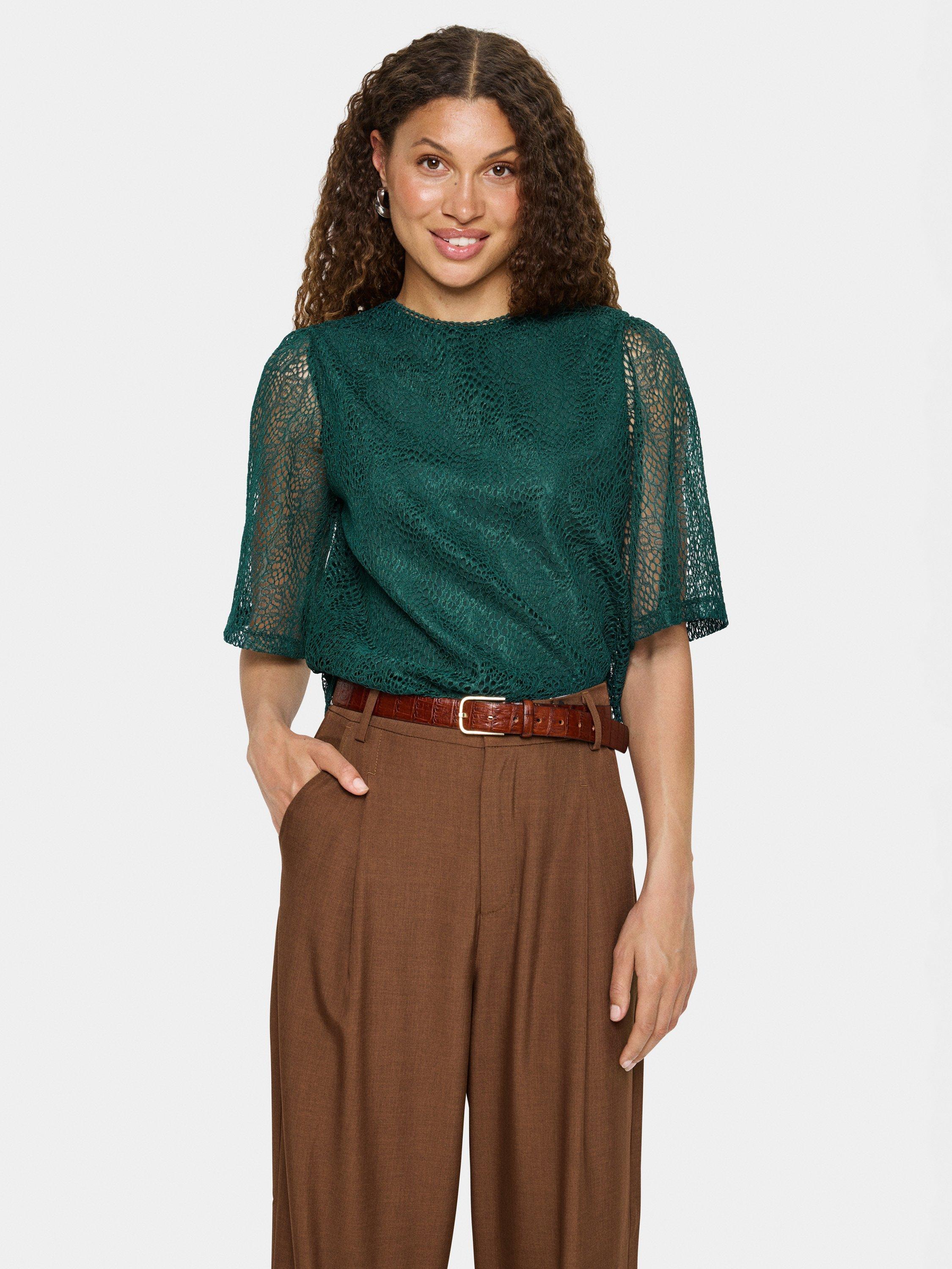 Product image 1 of 6, which shows Saint Tropez Meredith Crew Neck Lace Blouse, June Bug, XS