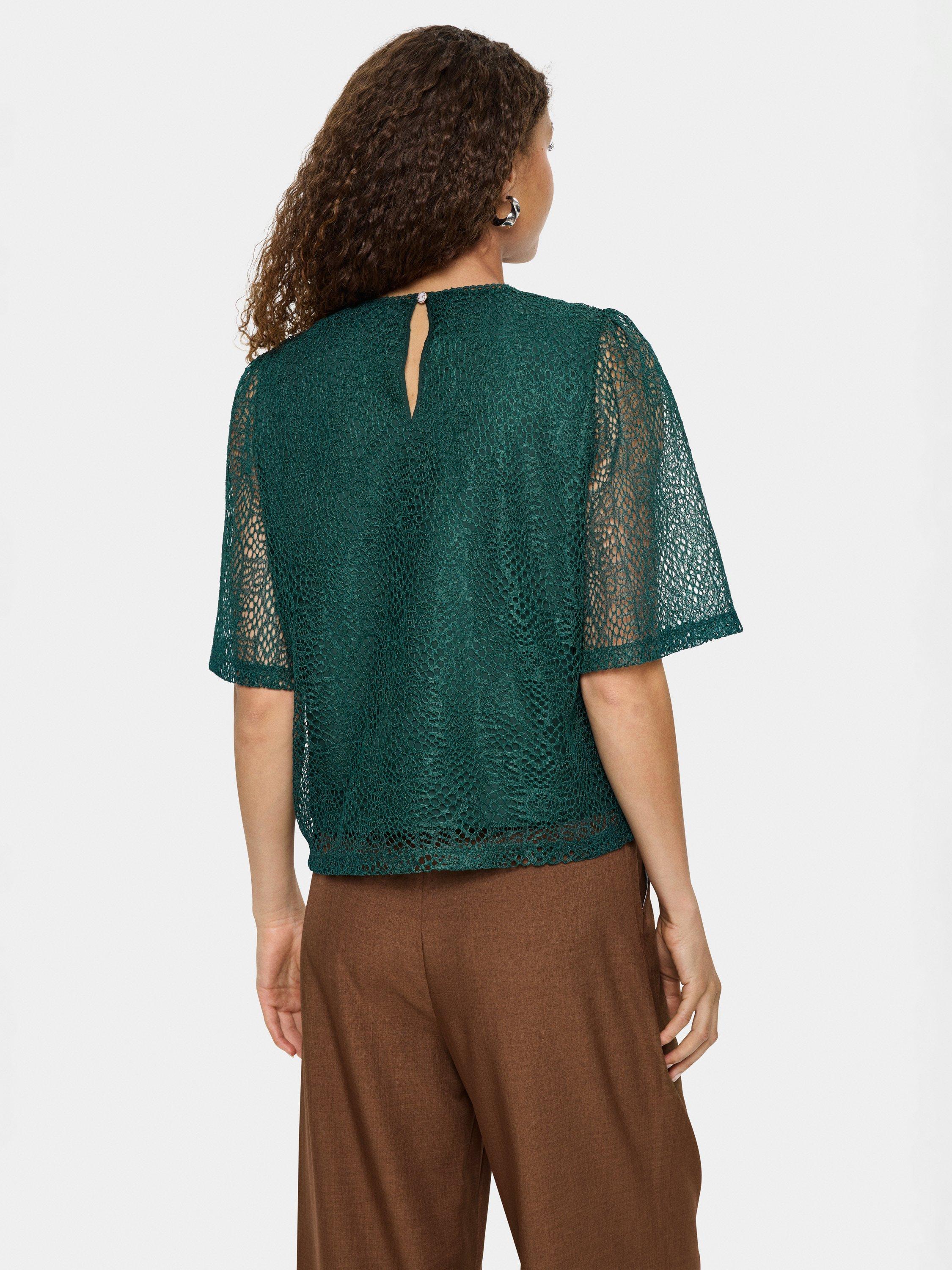 Product image 2 of 6, which shows Saint Tropez Meredith Crew Neck Lace Blouse, June Bug, XS