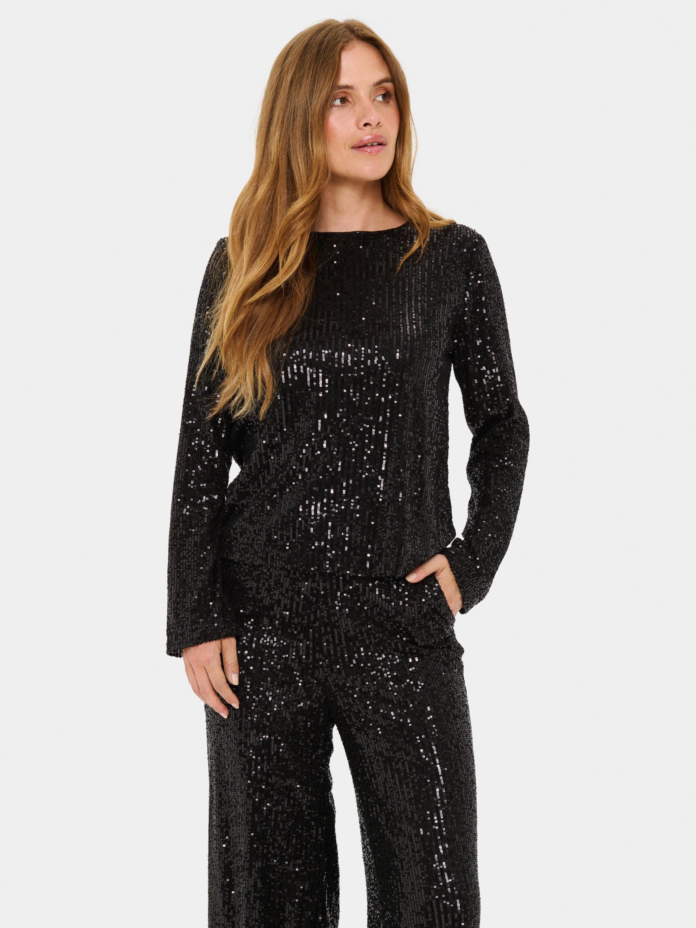 Product image 1 of 6, which shows Saint Tropez Neyana Sequin Long Sleeve Blouse, Black, XS